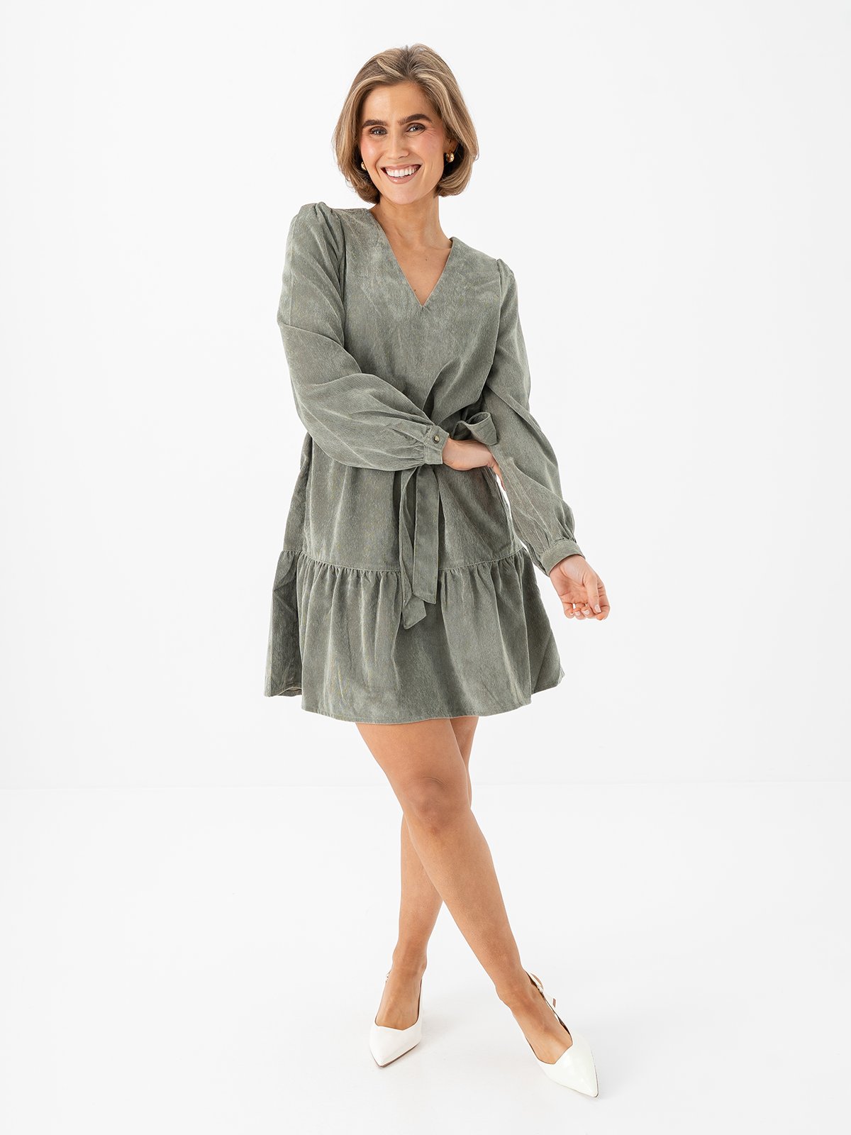 Only Marike Life Long Sleeve Cord Belt Dress Smokey Olive