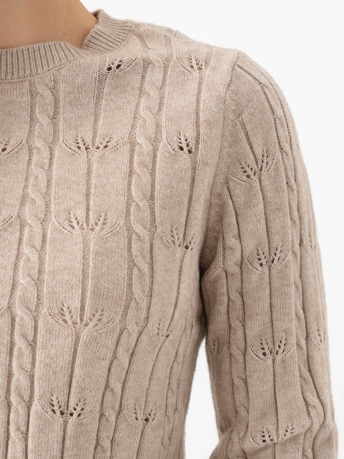 Only Katia Long Sleeve Structure O-Neck Pullover Cable Knit Mocha Meringue Melange