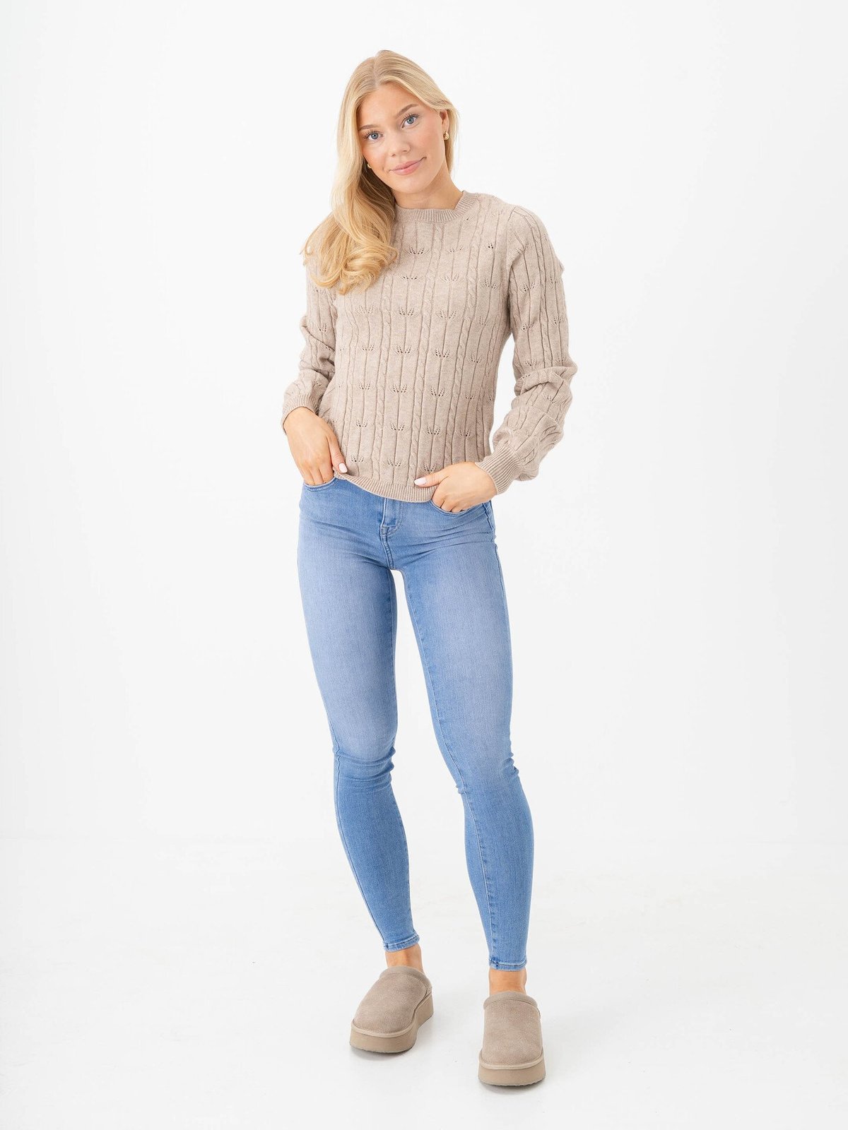 Only Katia Long Sleeve Structure O-Neck Pullover Cable Knit Mocha Meringue Melange