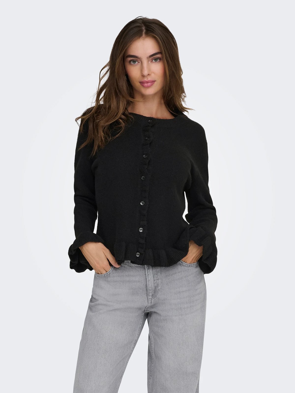 Only Rima Long Sleeve Frill Butto Cardigan CS Knit Black
