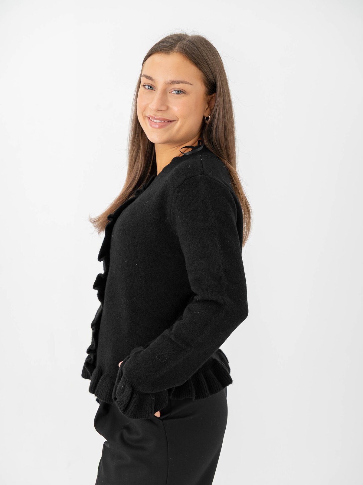 Only Rima Long Sleeve Frill Butto Cardigan CS Knit Black