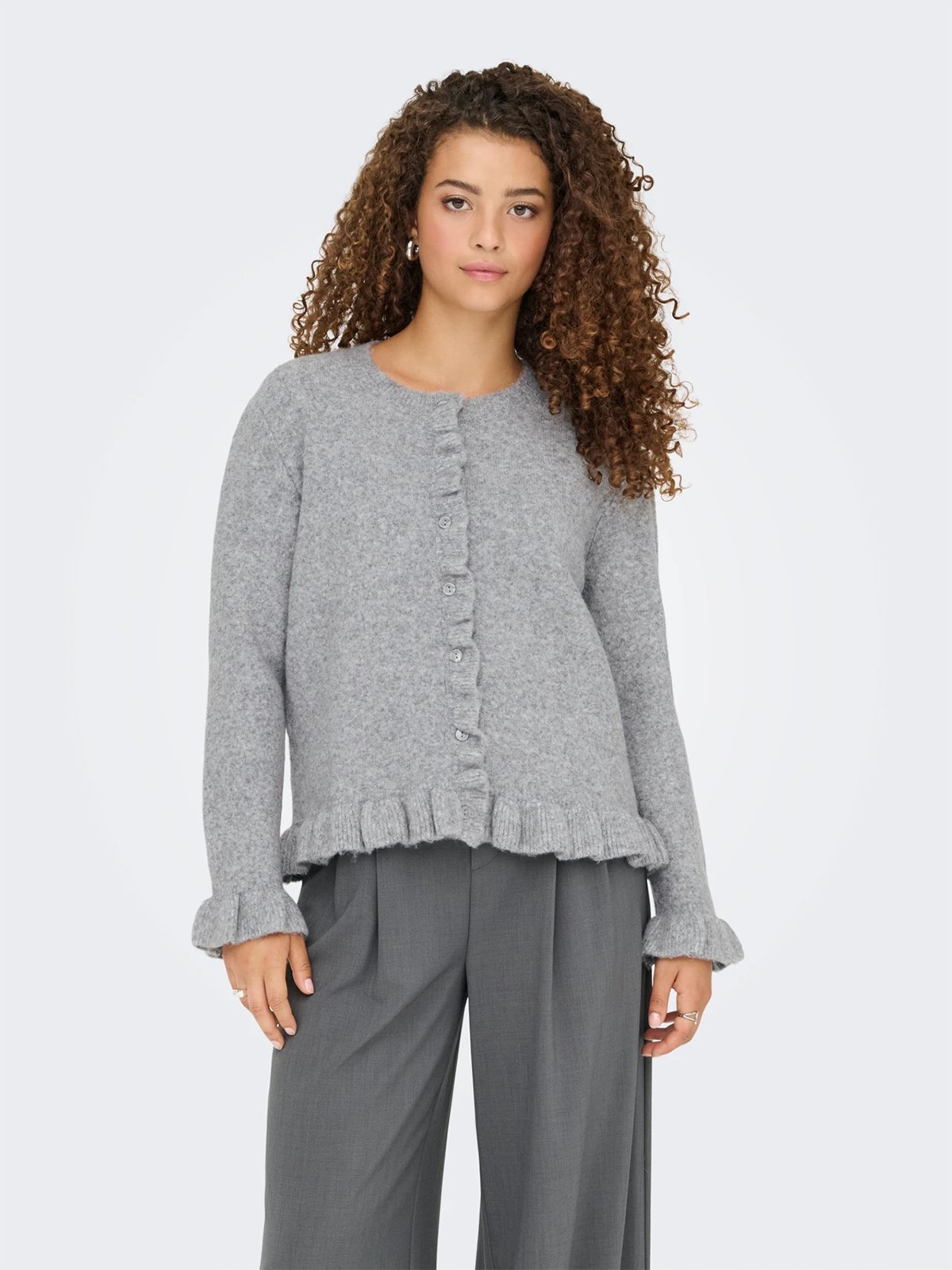 Only Rima Long Sleeve Frill Butto Cardigan CS Knit Light Grey Melange