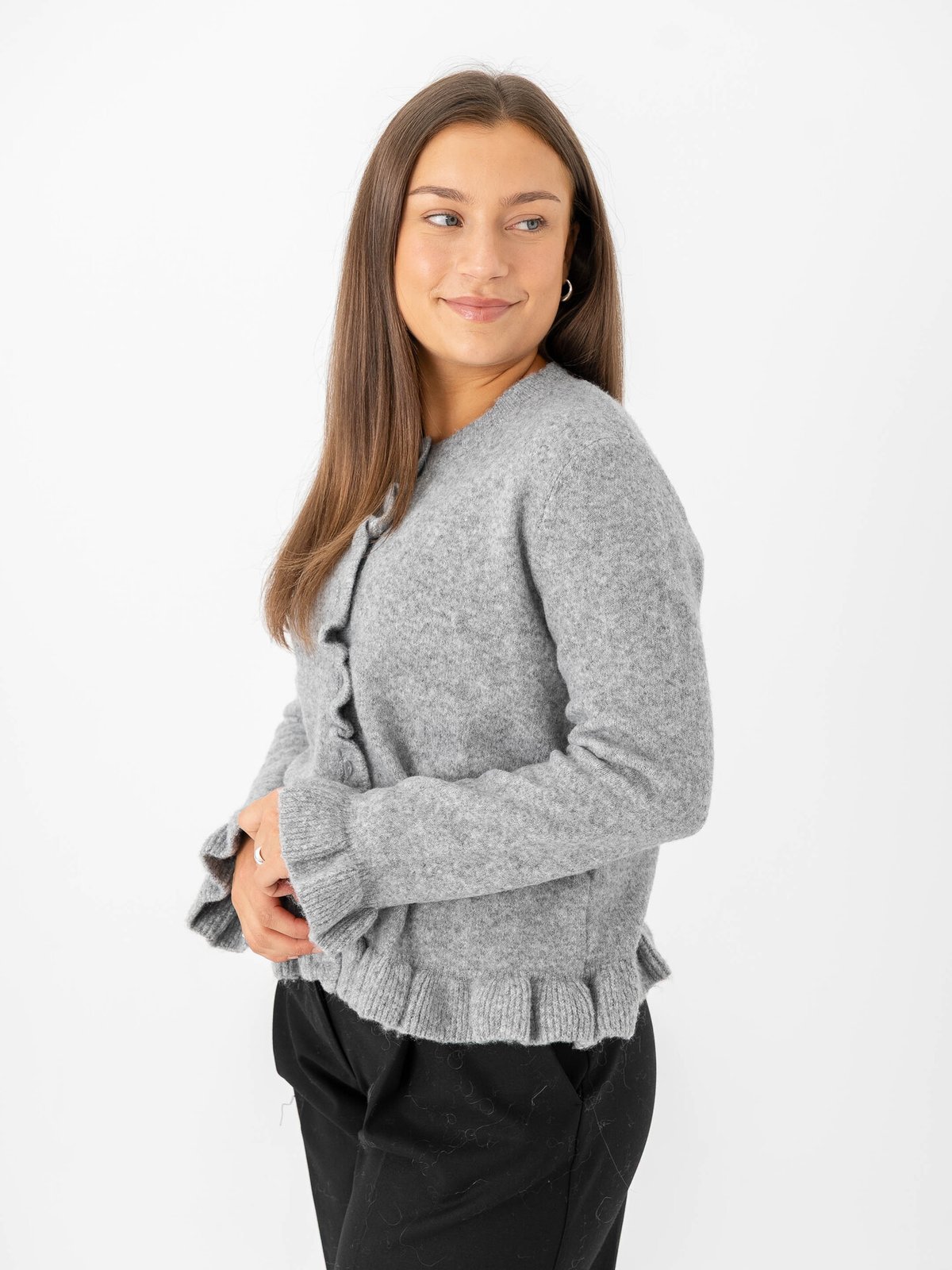 Only Rima Long Sleeve Frill Butto Cardigan CS Knit Light Grey Melange
