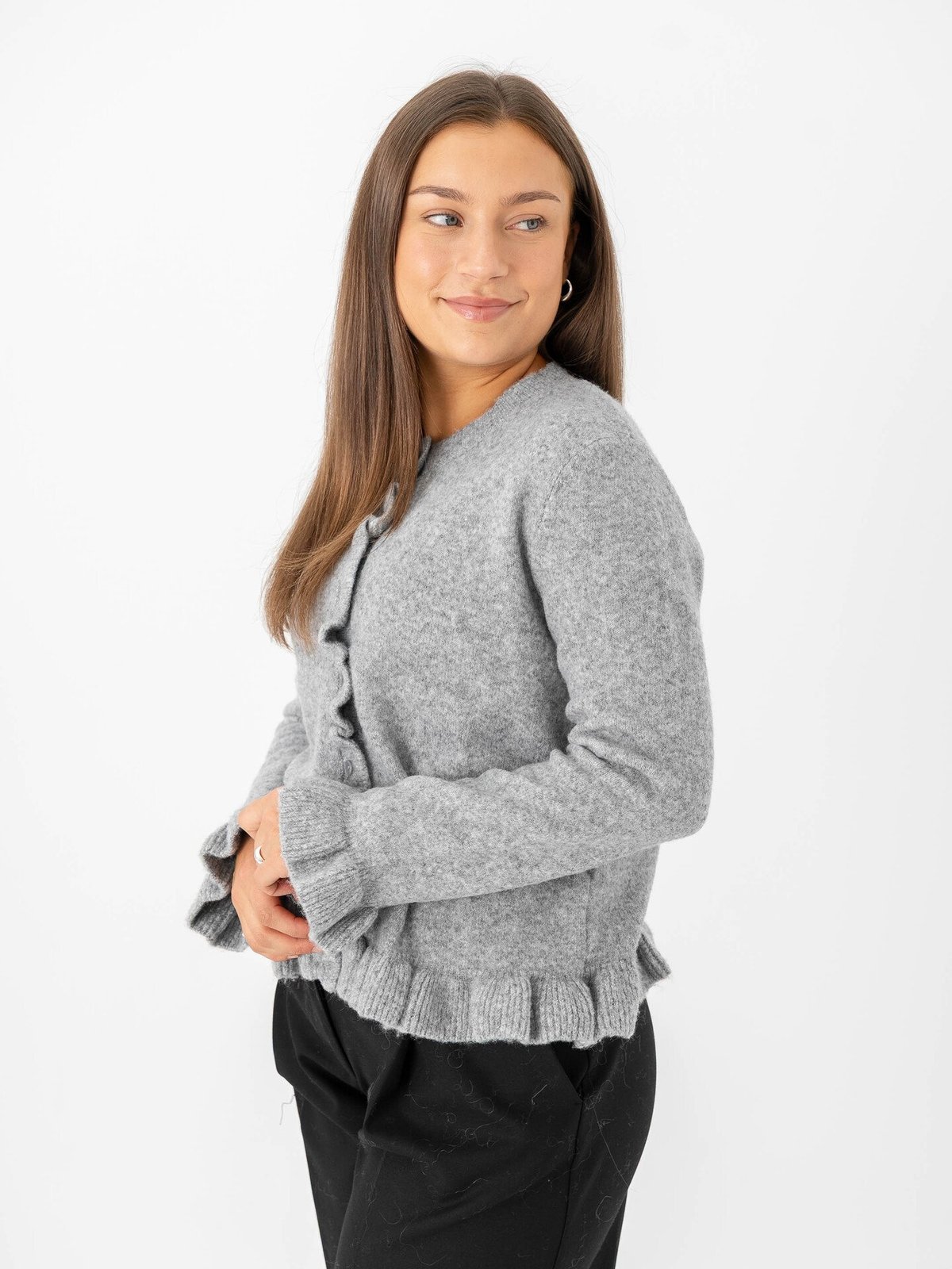 Only Rima Long Sleeve Frill Butto Cardigan CS Knit Light Grey Melange