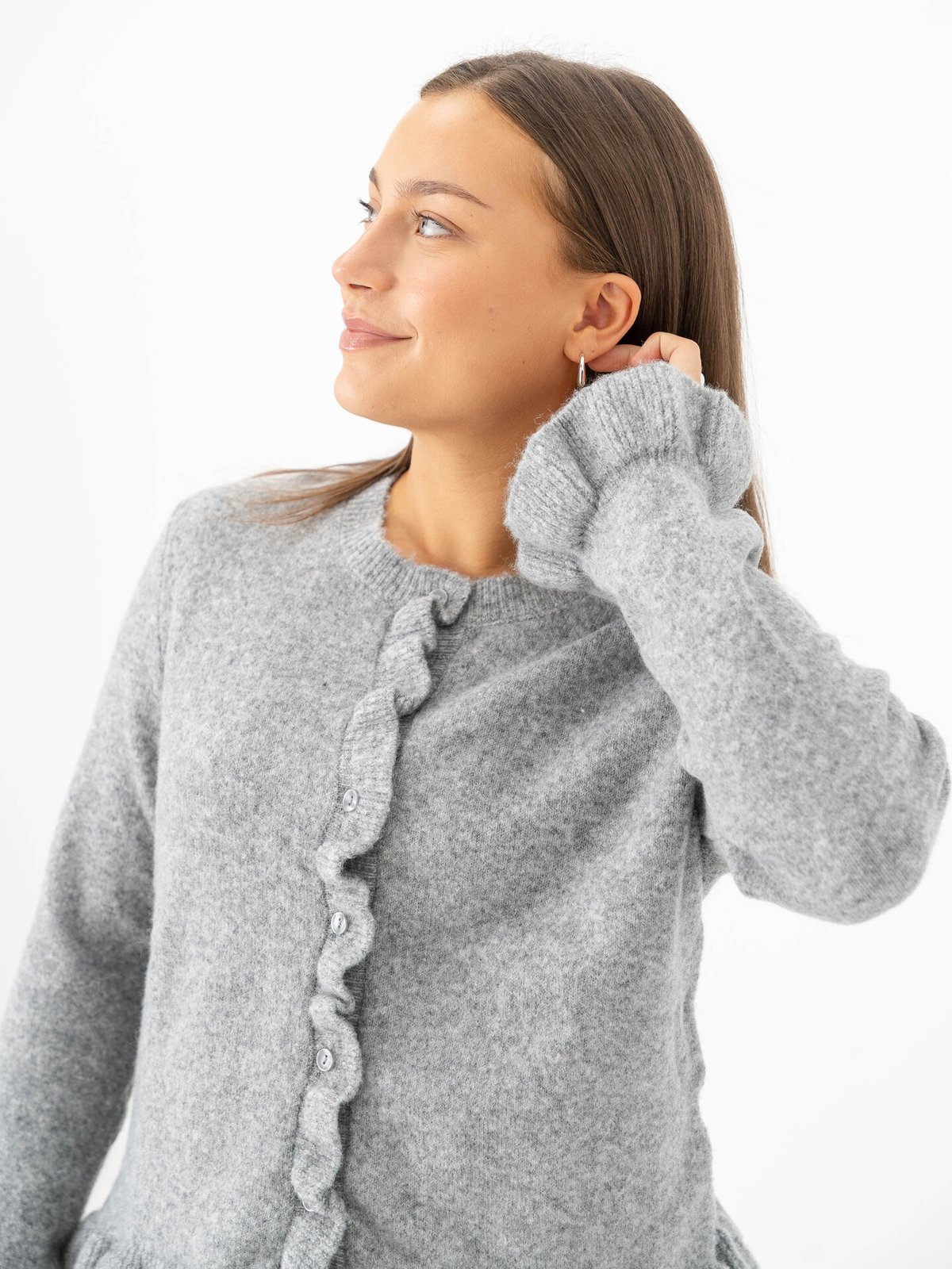 Only Rima Long Sleeve Frill Butto Cardigan CS Knit Light Grey Melange