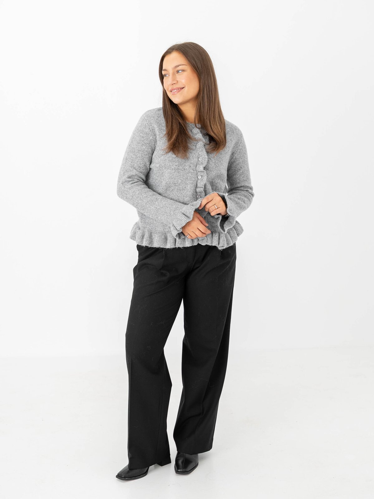 Only Rima Long Sleeve Frill Butto Cardigan CS Knit Light Grey Melange