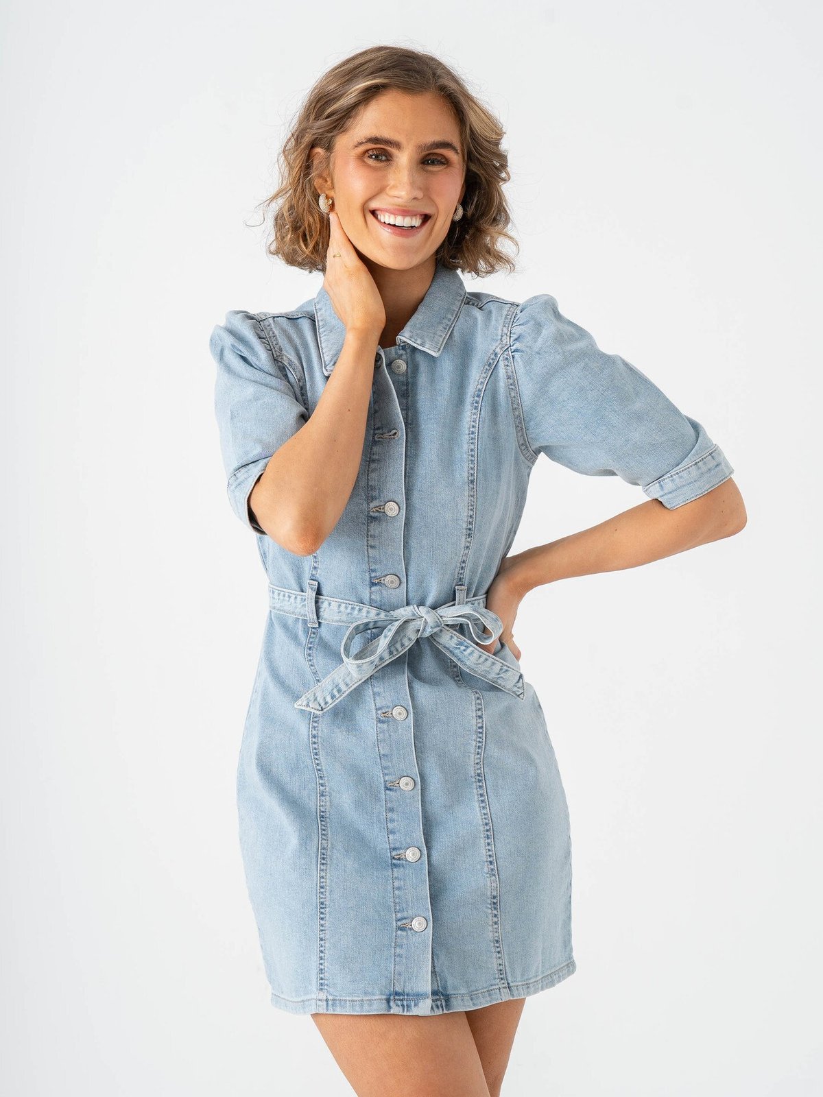 Only Vibbe Short Sleeve Belt Denim Dress Light Blue Denim