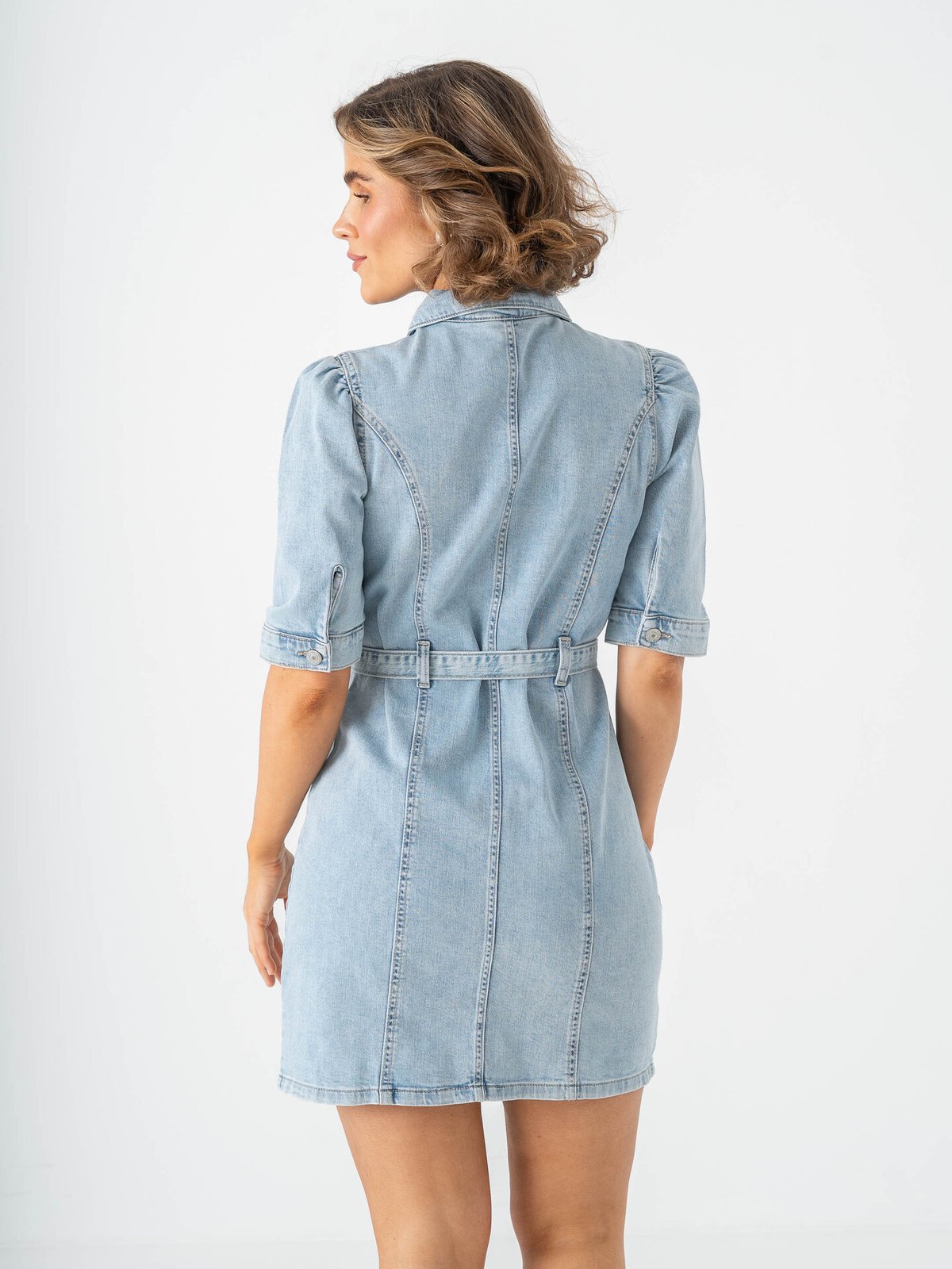 Only Vibbe Short Sleeve Belt Denim Dress Light Blue Denim