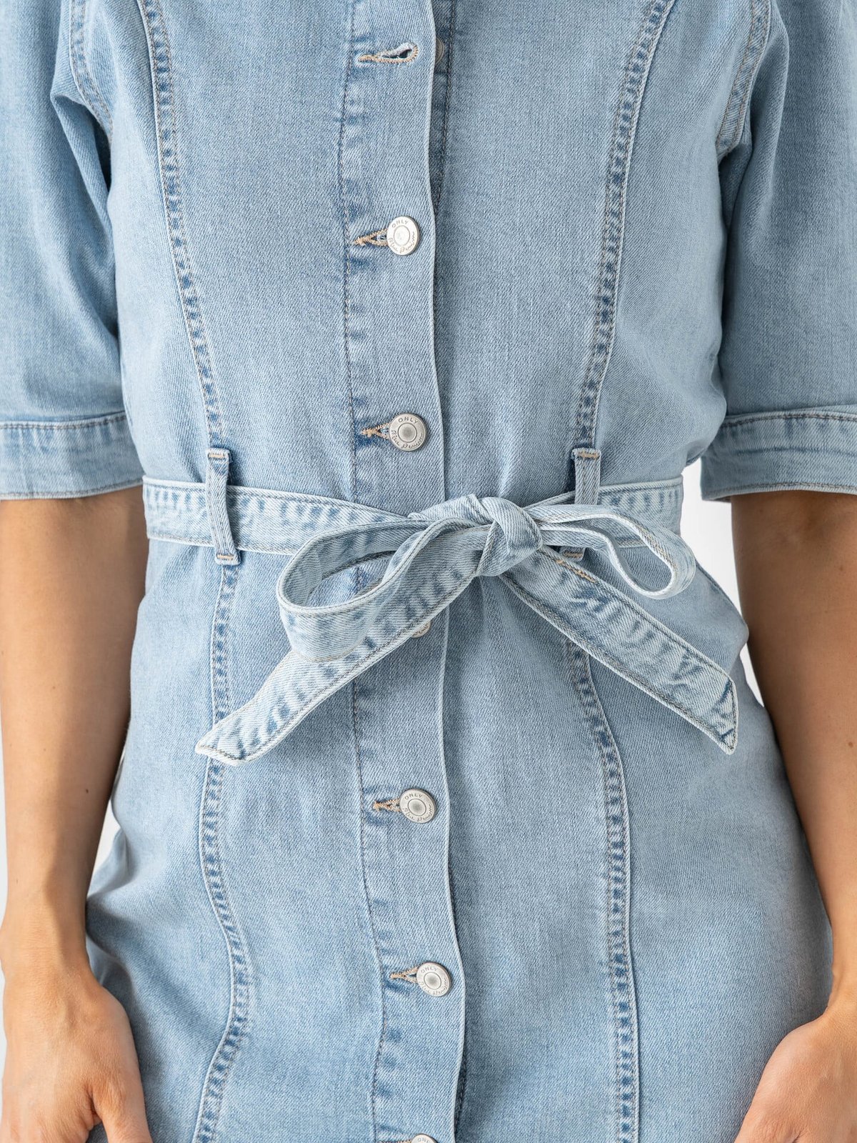 Only Vibbe Short Sleeve Belt Denim Dress Light Blue Denim
