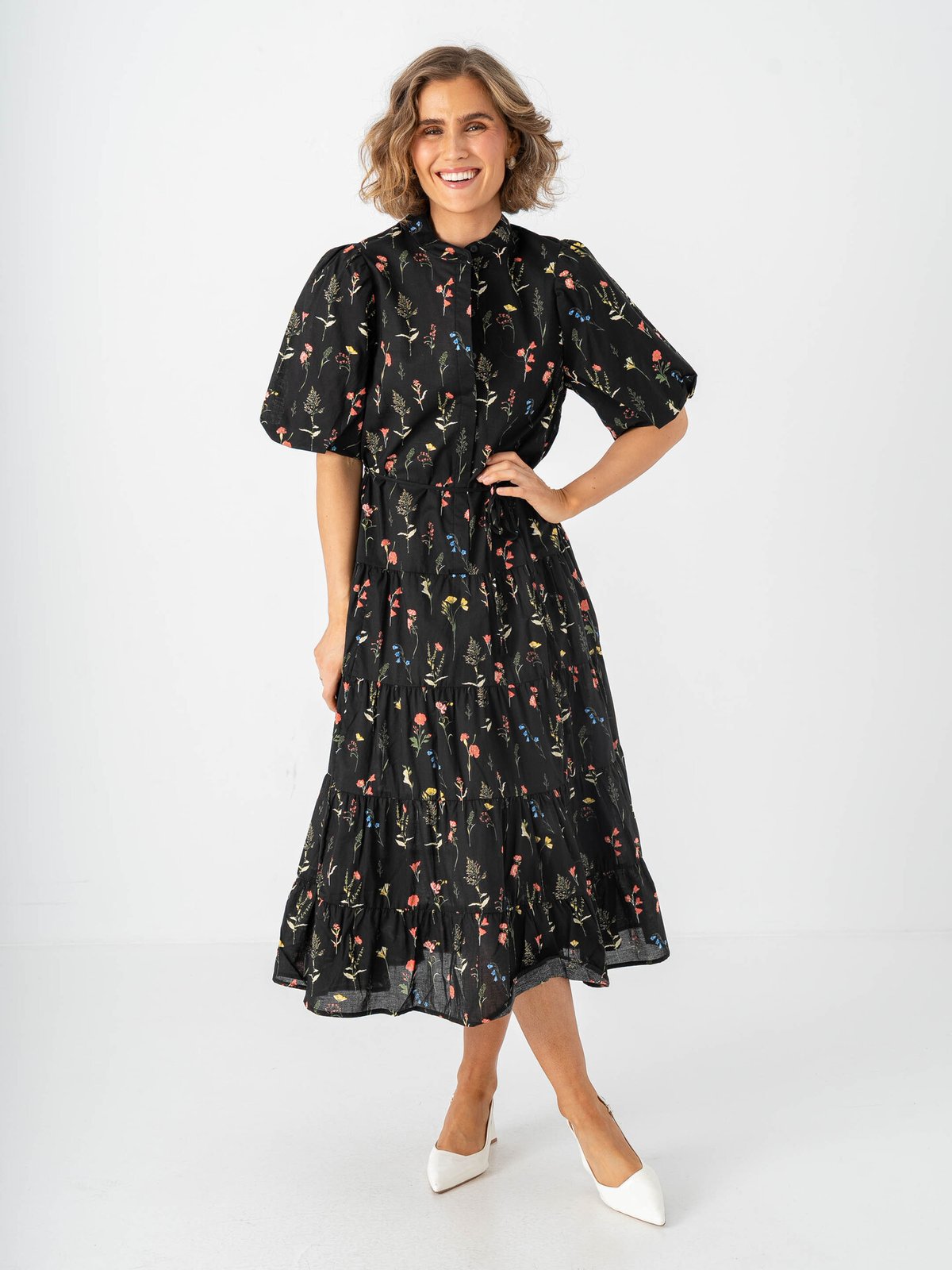 Only Elma Short Sleeve Long Belt Dress Black Multi Mark Flower