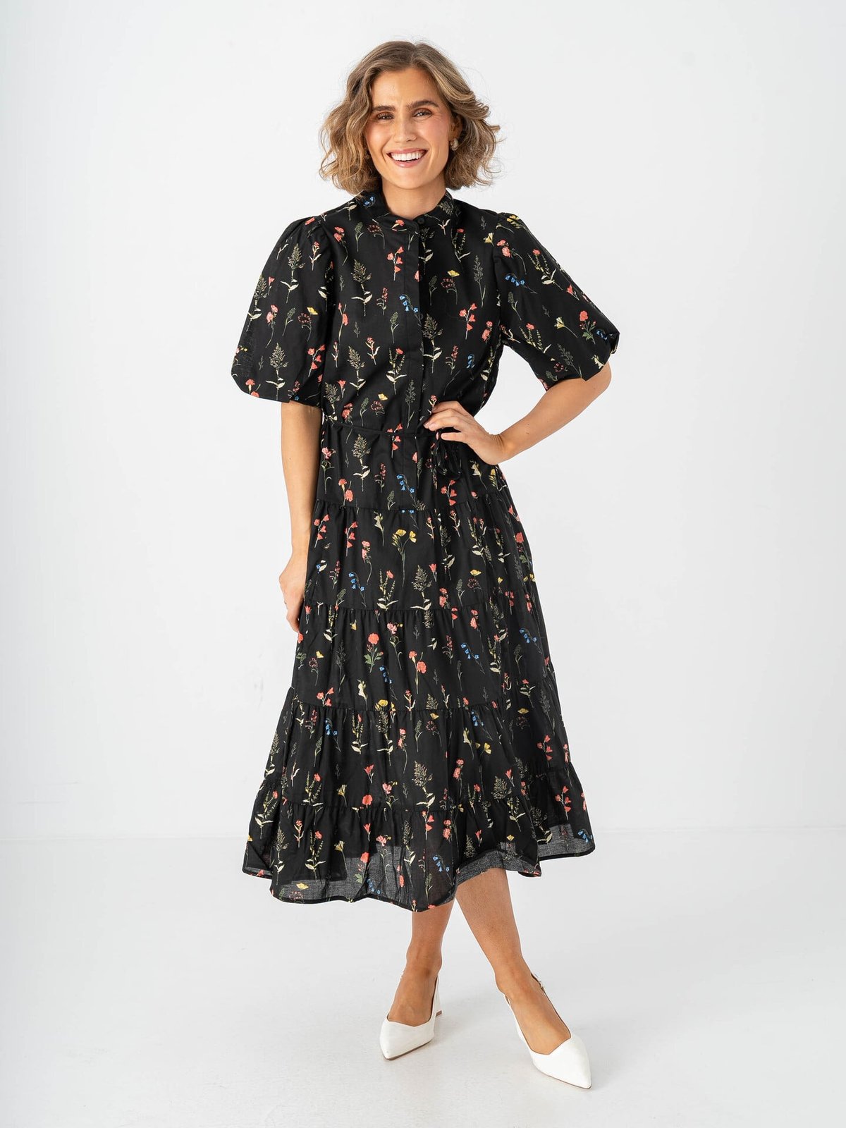 Only Elma Short Sleeve Long Belt Dress Black Multi Mark Flower