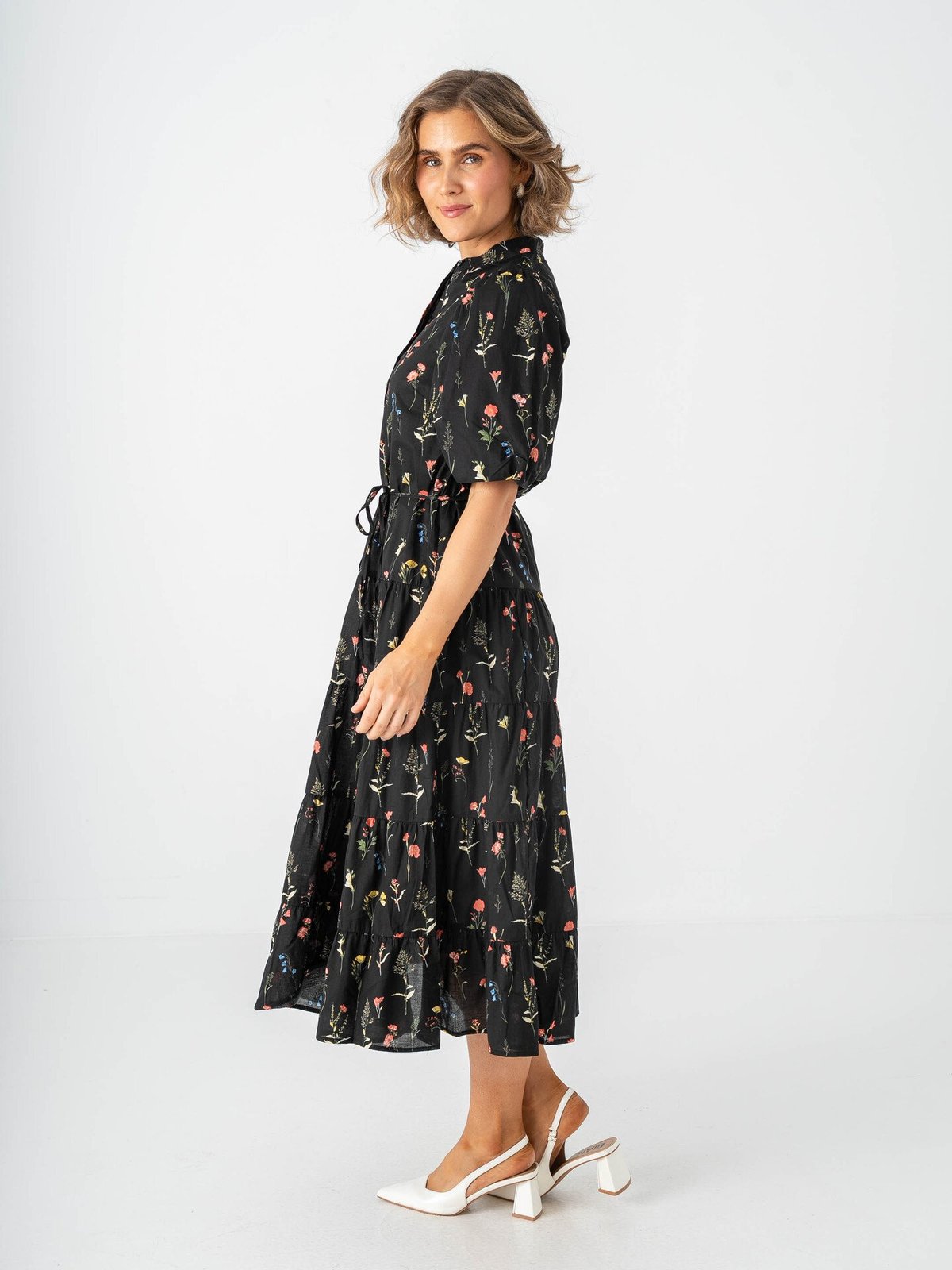 Only Elma Short Sleeve Long Belt Dress Black Multi Mark Flower