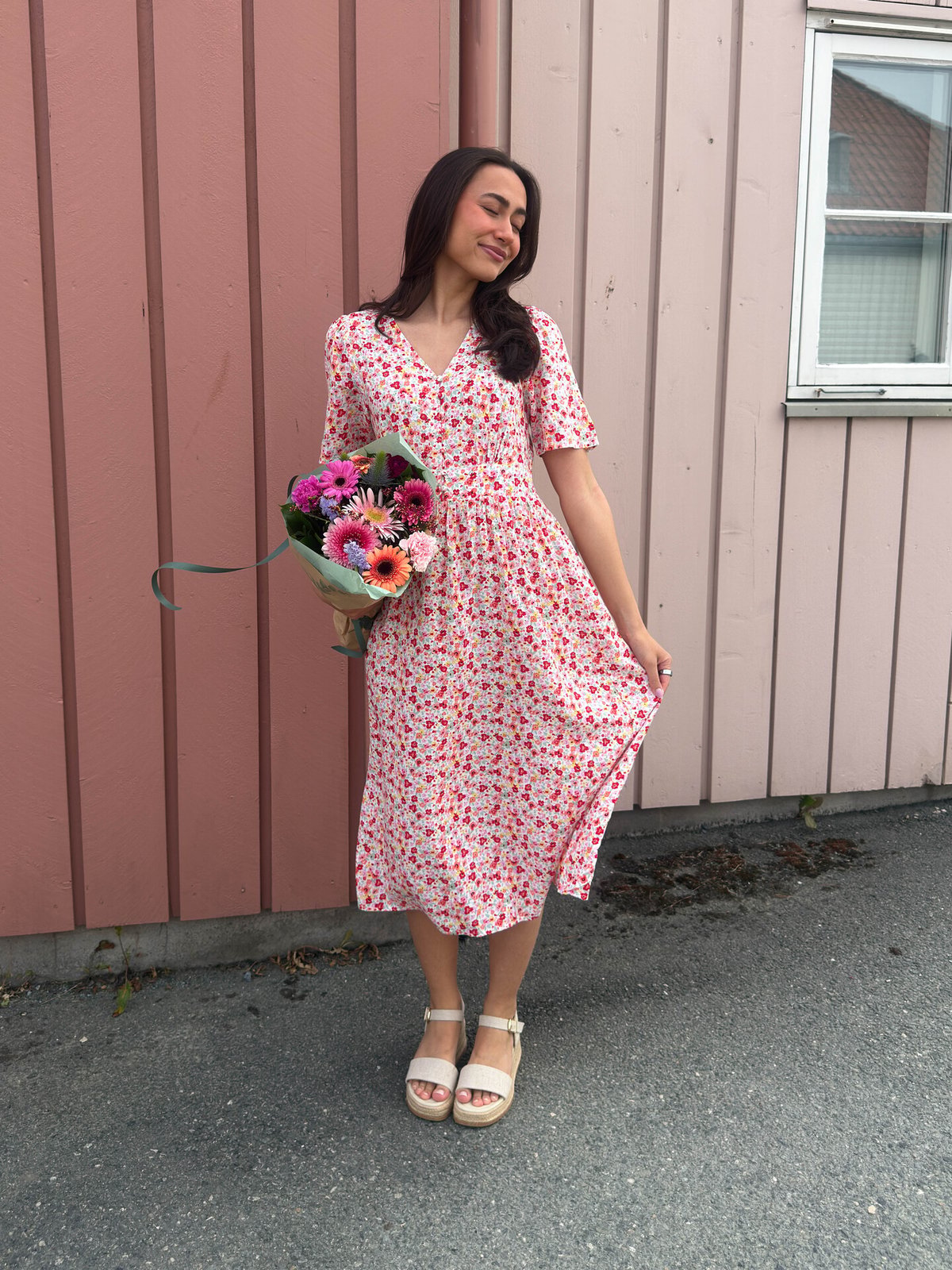 Pieces Tala Short Sleeve Midi Dress Cloud Dancer Multi Flower