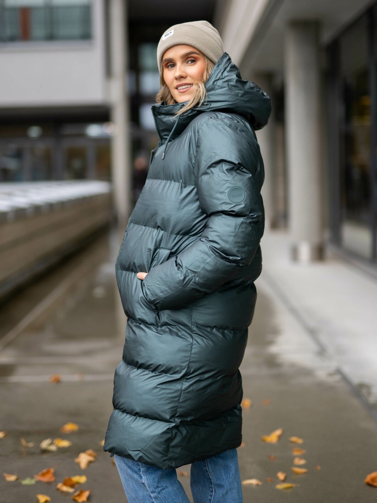 Rains Long Puffer Jacket Silver Pine