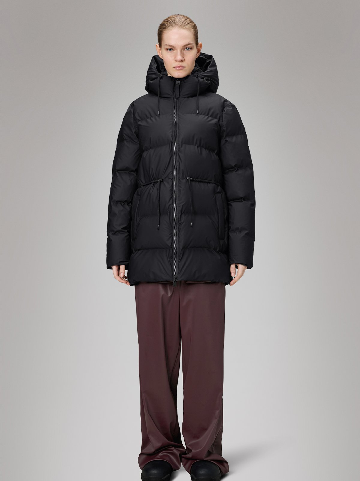 Rains Alta Long Puffer String Jacket Black