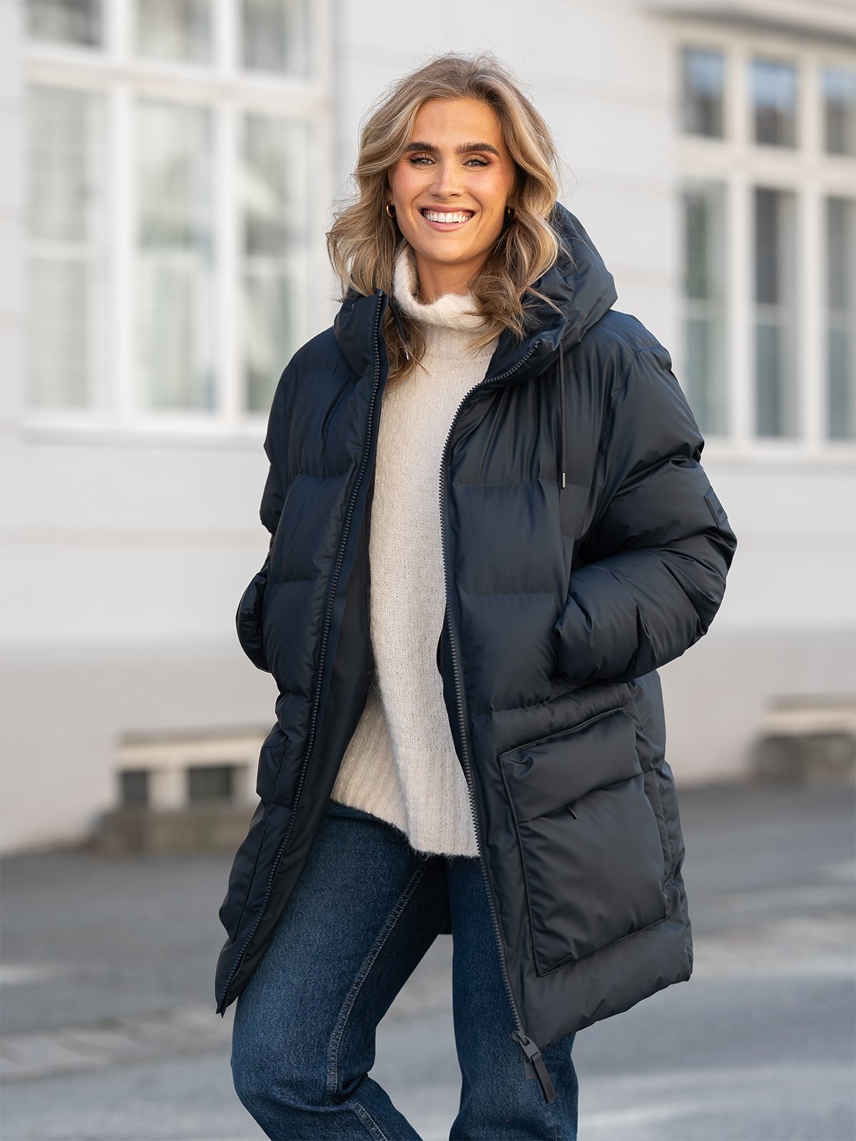 Rains Alta Long Puffer Cargo Jacket Black