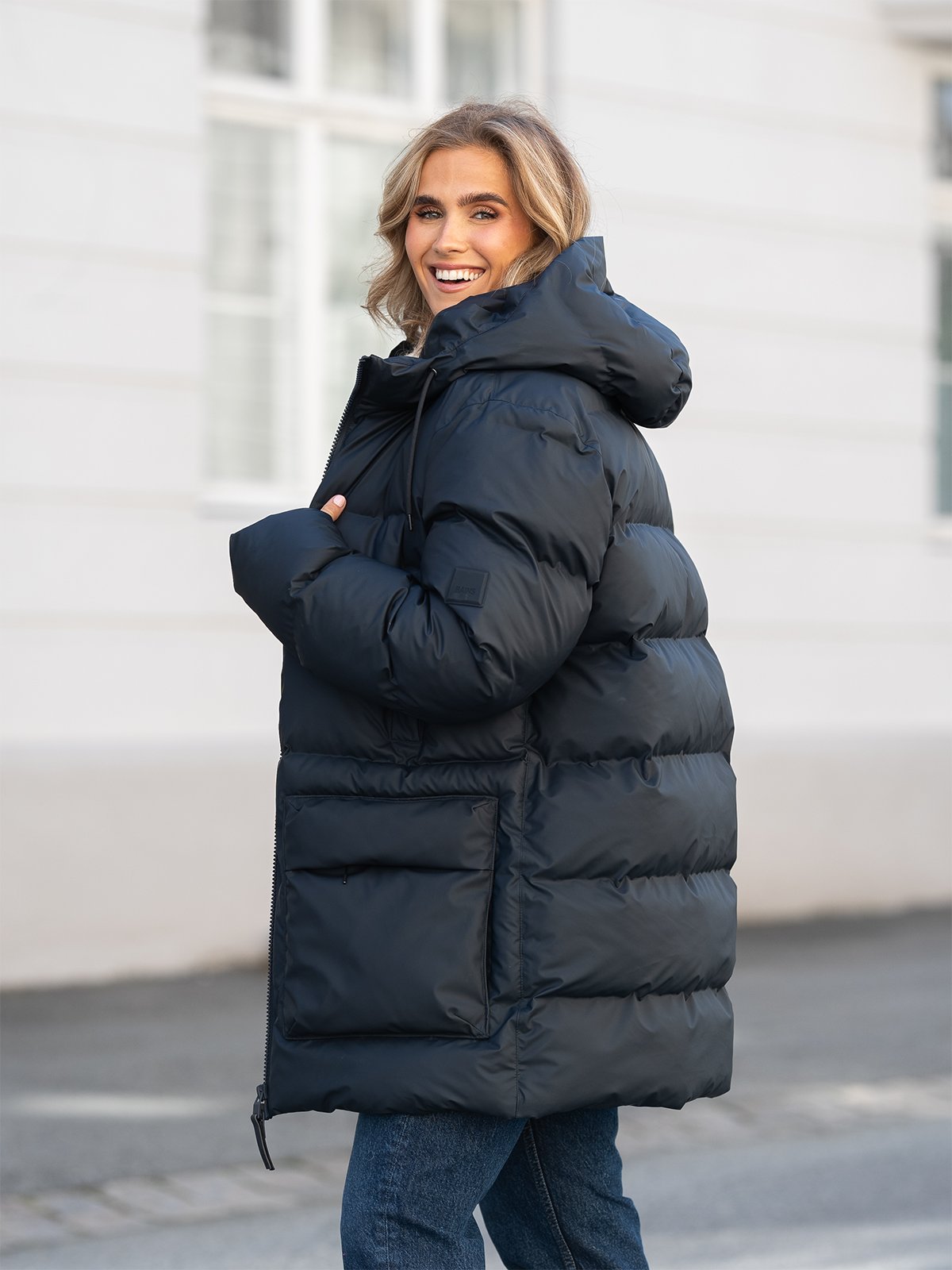 Rains Alta Long Puffer Cargo Jacket Black