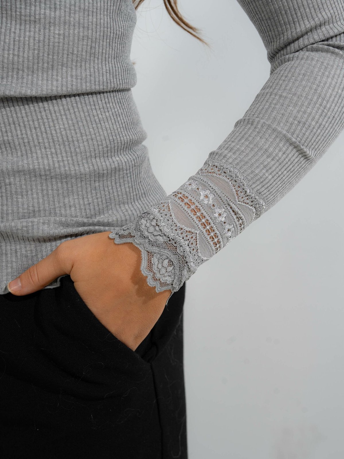 Rosemunde Benita Silk T-Shirt W/ Lace Light Grey Melange