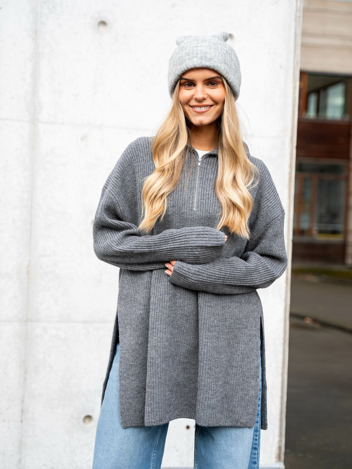 Second Female Yasmil Zipper Knit T-Neck Grey Melange