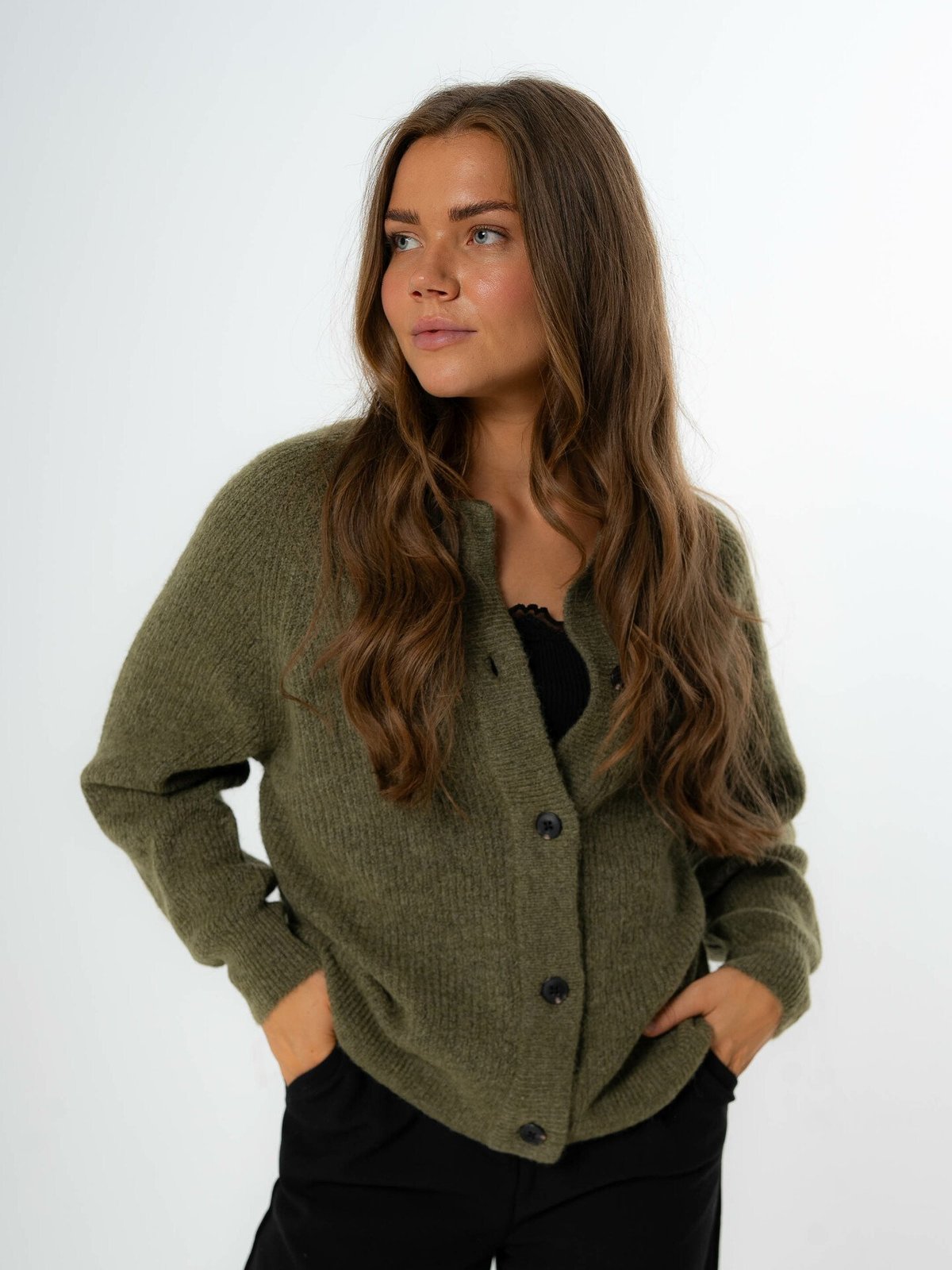 Selected Femme Lulu Long Sleeve Knit Short Cardigan Dusky green melange