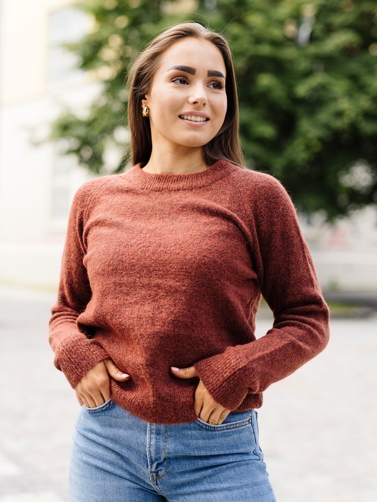 Selected Femme Lulu Long Sleeve Knit O-Neck Chili Oil Melange