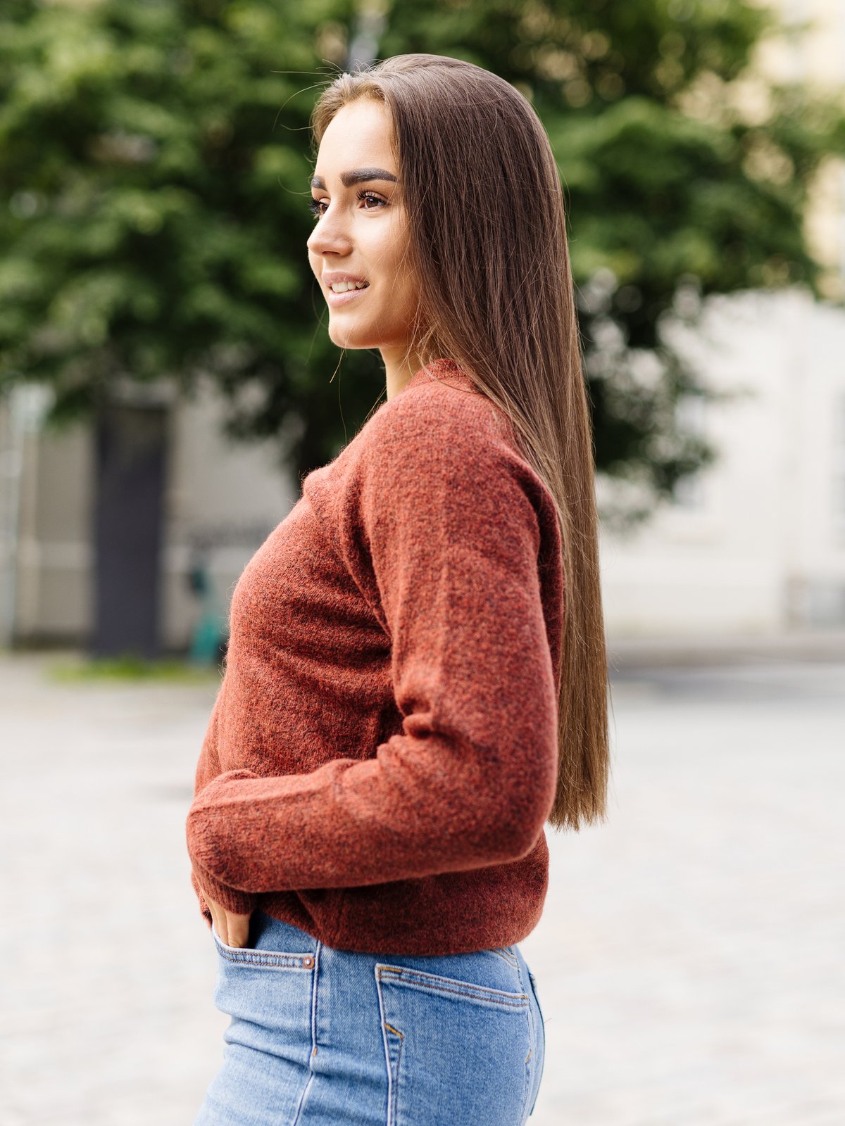 Selected Femme Lulu Long Sleeve Knit O-Neck Chili Oil Melange