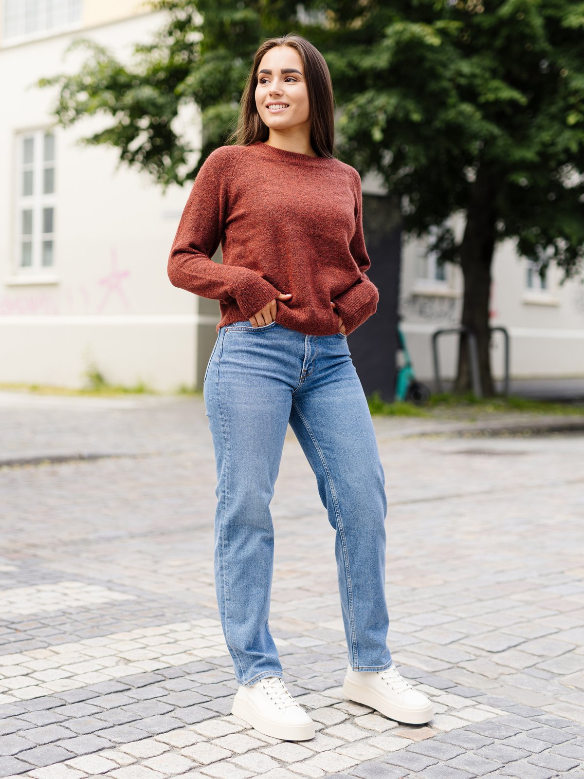 Selected Femme Lulu Long Sleeve Knit O-Neck Chili Oil Melange