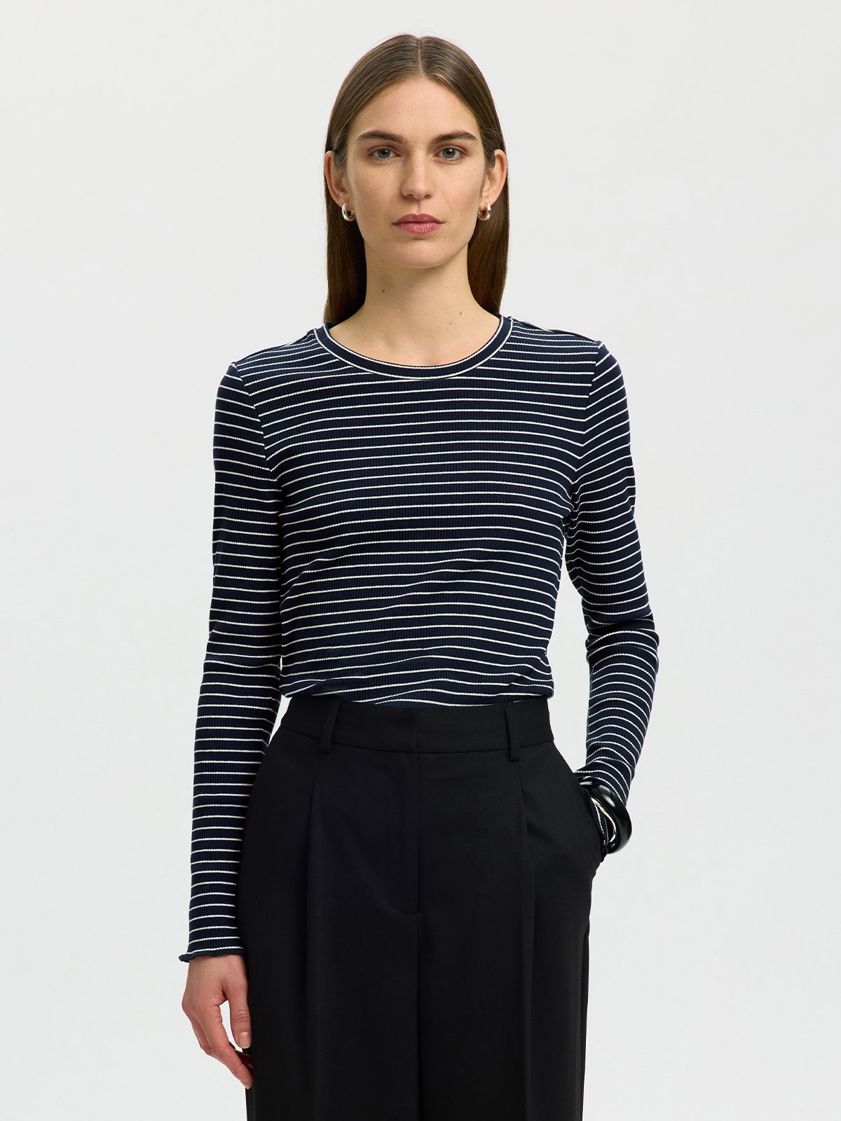 Selected Femme Anna Long Sleeve Crew Neck Tee Stripe Dark Sapphire
