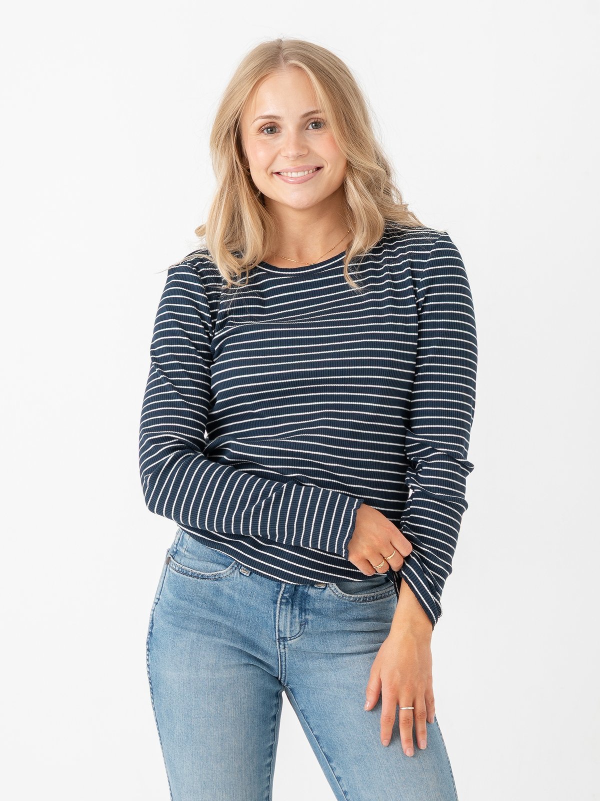 Selected Femme Anna Long Sleeve Crew Neck Tee Stripe Dark Sapphire