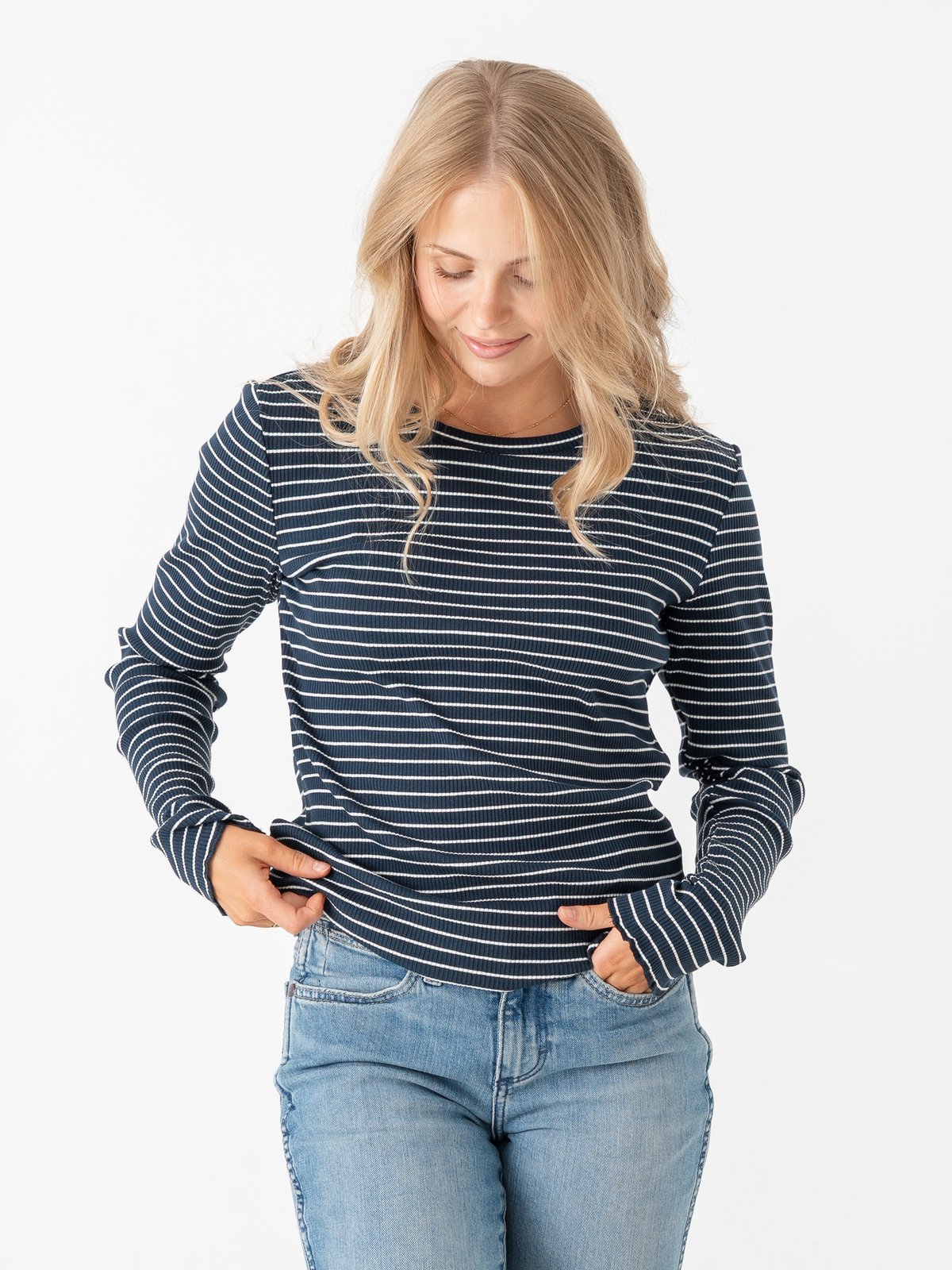 Selected Femme Anna Long Sleeve Crew Neck Tee Stripe Dark Sapphire