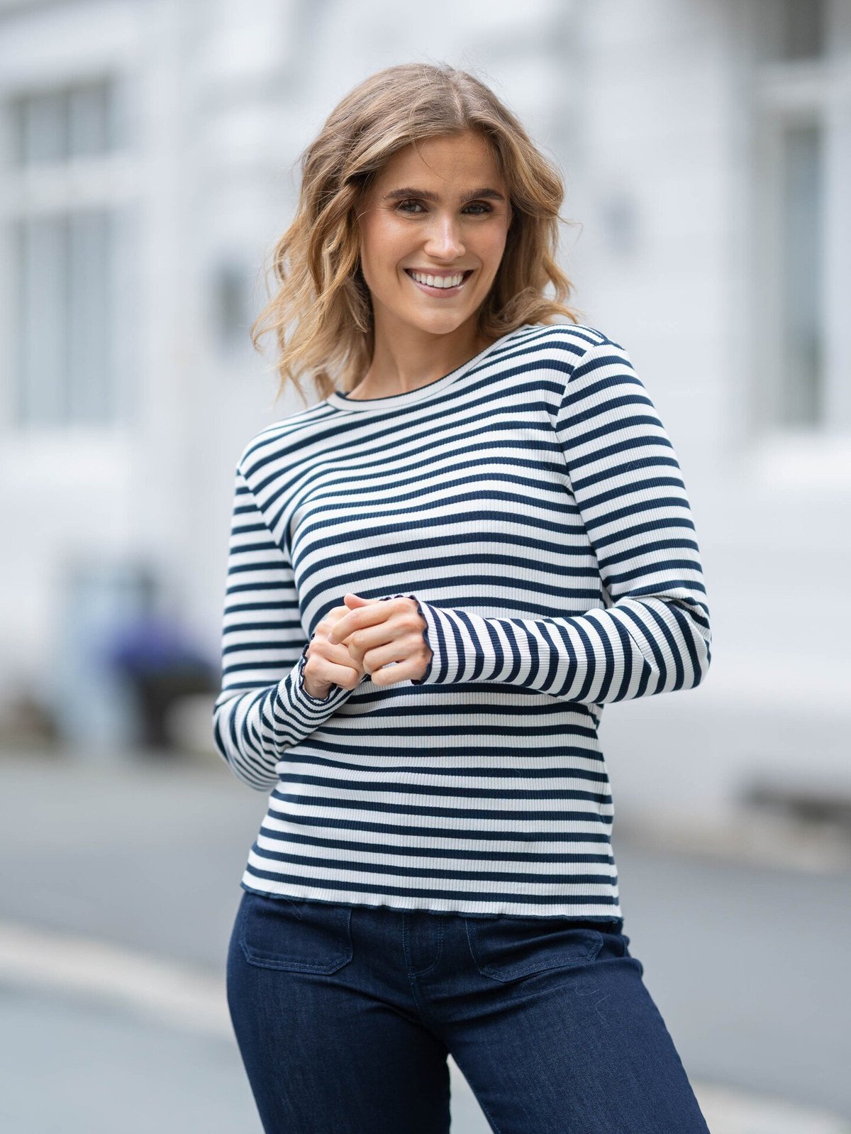 Selected Femme Anna Long Sleeve Crew Neck Tee Stripe Dark Sapphire W SNOW WHITE STRIPES