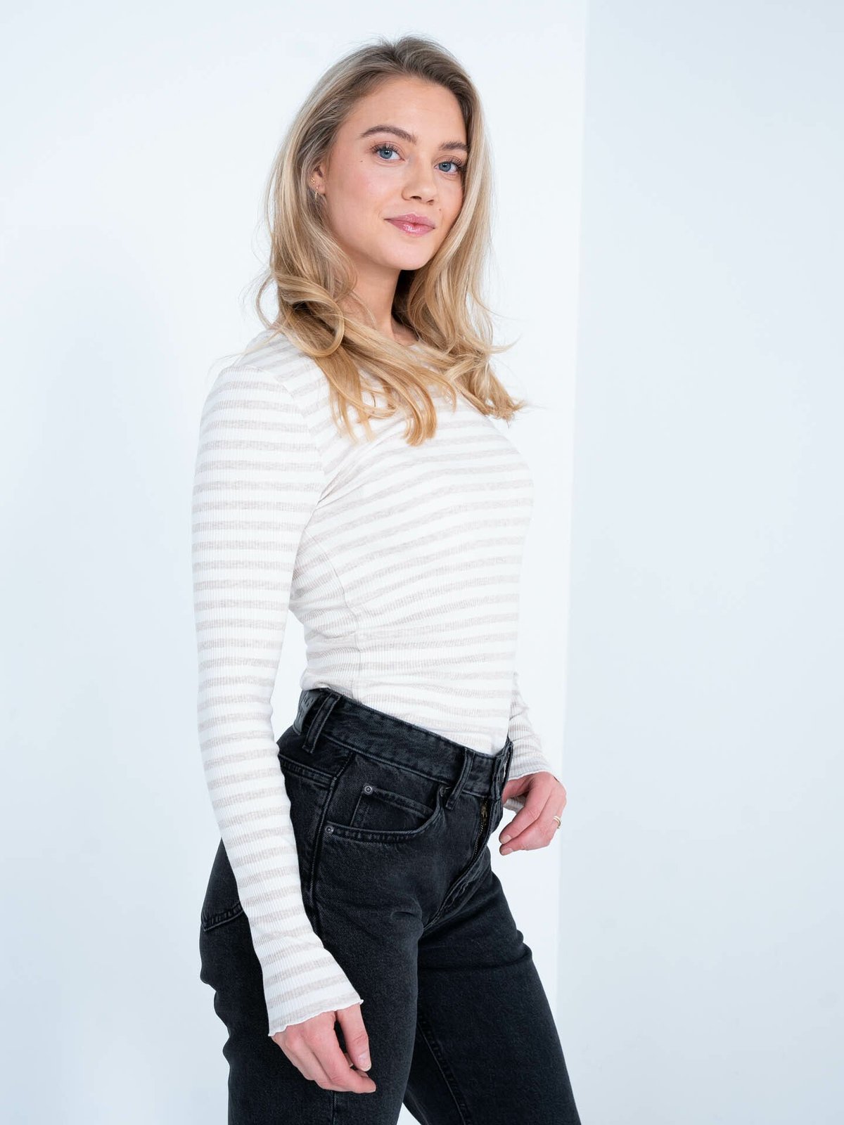 Selected Femme Anna Long Sleeve Crew Neck Tee Stripe Light Grey Melange with Snow White Stripes