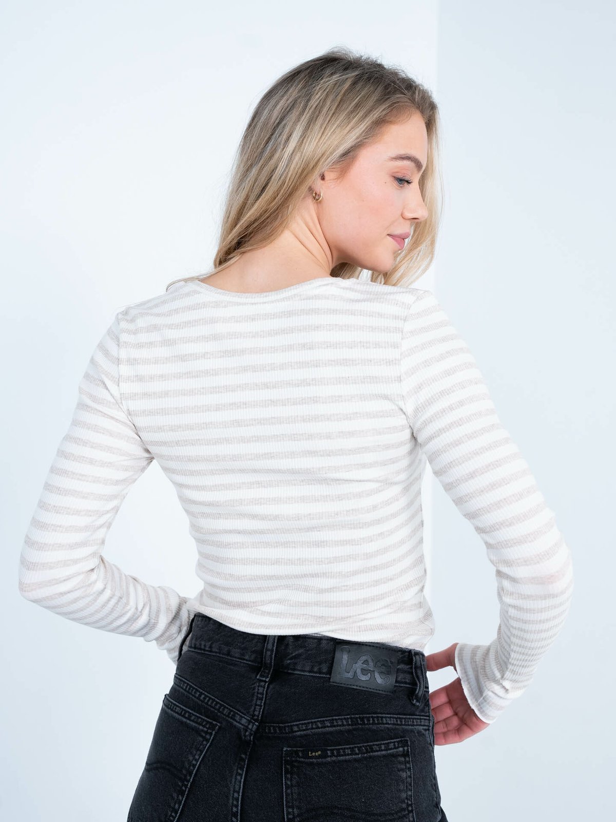 Selected Femme Anna Long Sleeve Crew Neck Tee Stripe Light Grey Melange with Snow White Stripes