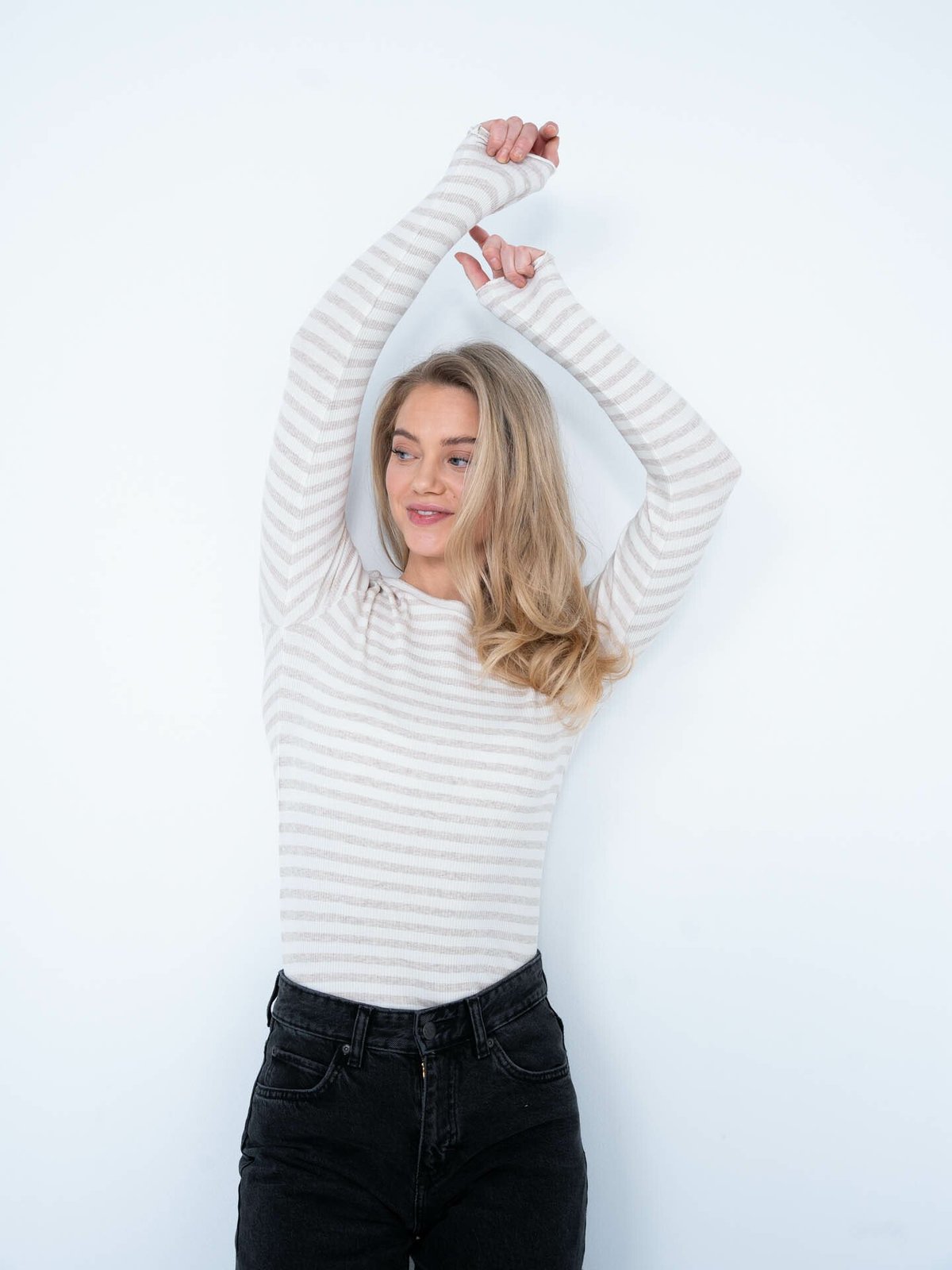 Selected Femme Anna Long Sleeve Crew Neck Tee Stripe Light Grey Melange with Snow White Stripes