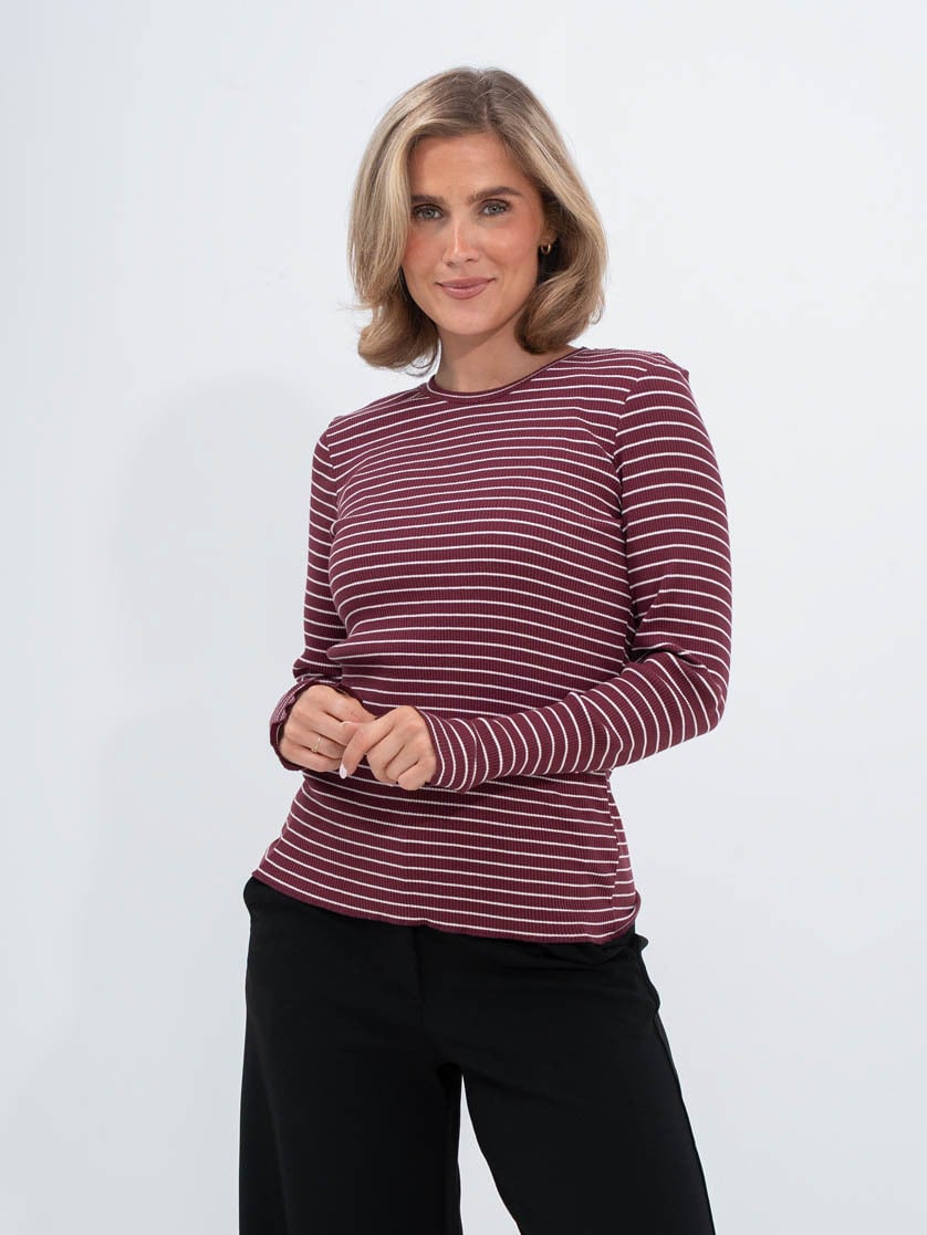 Selected Femme Anna Long Sleeve Crew Neck Tee Stripe Tawny Port