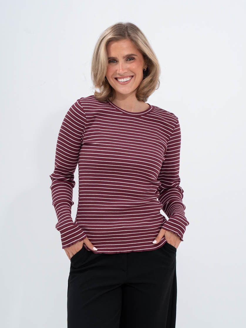 Selected Femme Anna Long Sleeve Crew Neck Tee Stripe Tawny Port