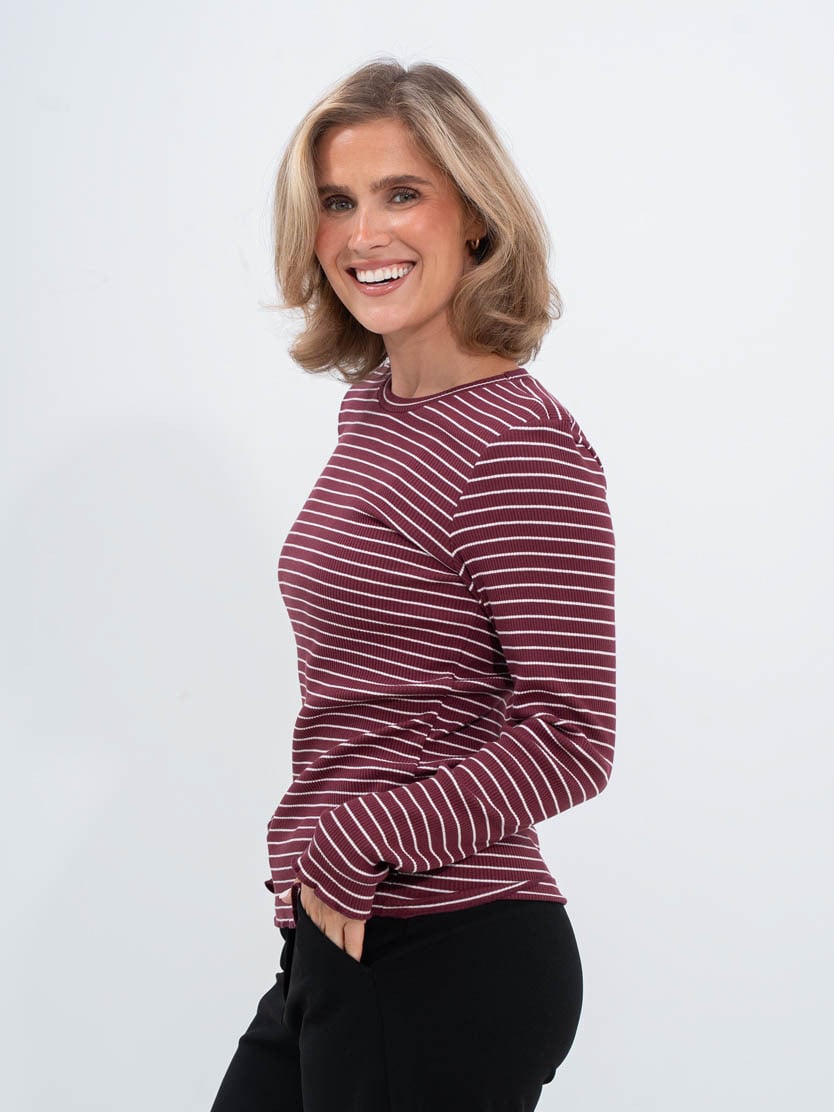 Selected Femme Anna Long Sleeve Crew Neck Tee Stripe Tawny Port