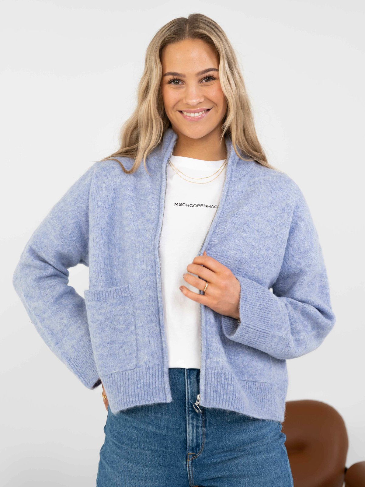 Selected Femme Sia Long Sleeve Knit Zipper Cardigan Blue Heron