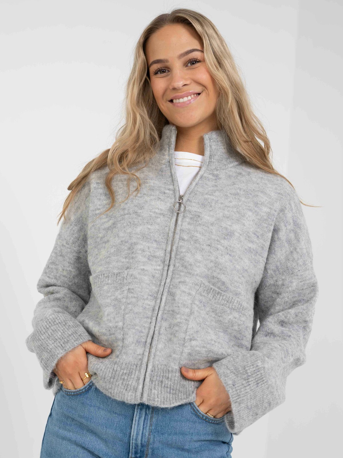 Selected Femme Sia Long Sleeve Knit Zipper Cardigan Light Grey Melange
