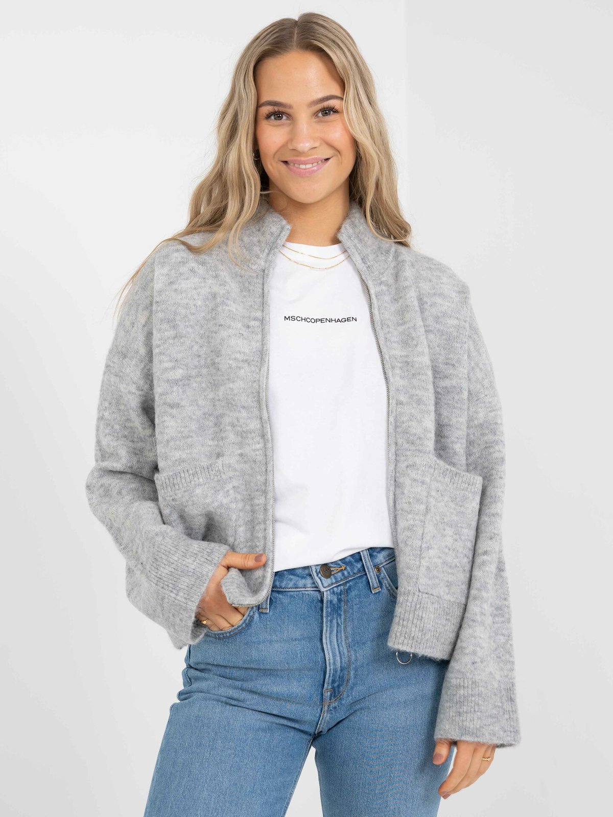 Selected Femme Sia Long Sleeve Knit Zipper Cardigan Light Grey Melange