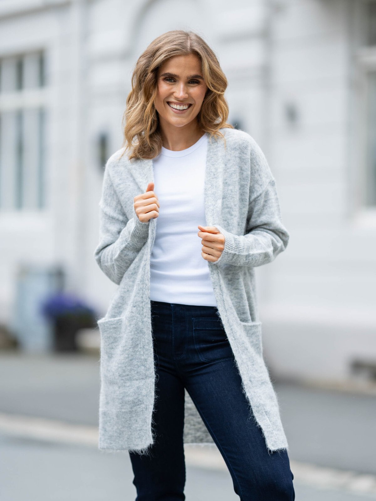 Selected Femme Lulu New Long Sleeve Knit Long Cardigan Light Grey Melange