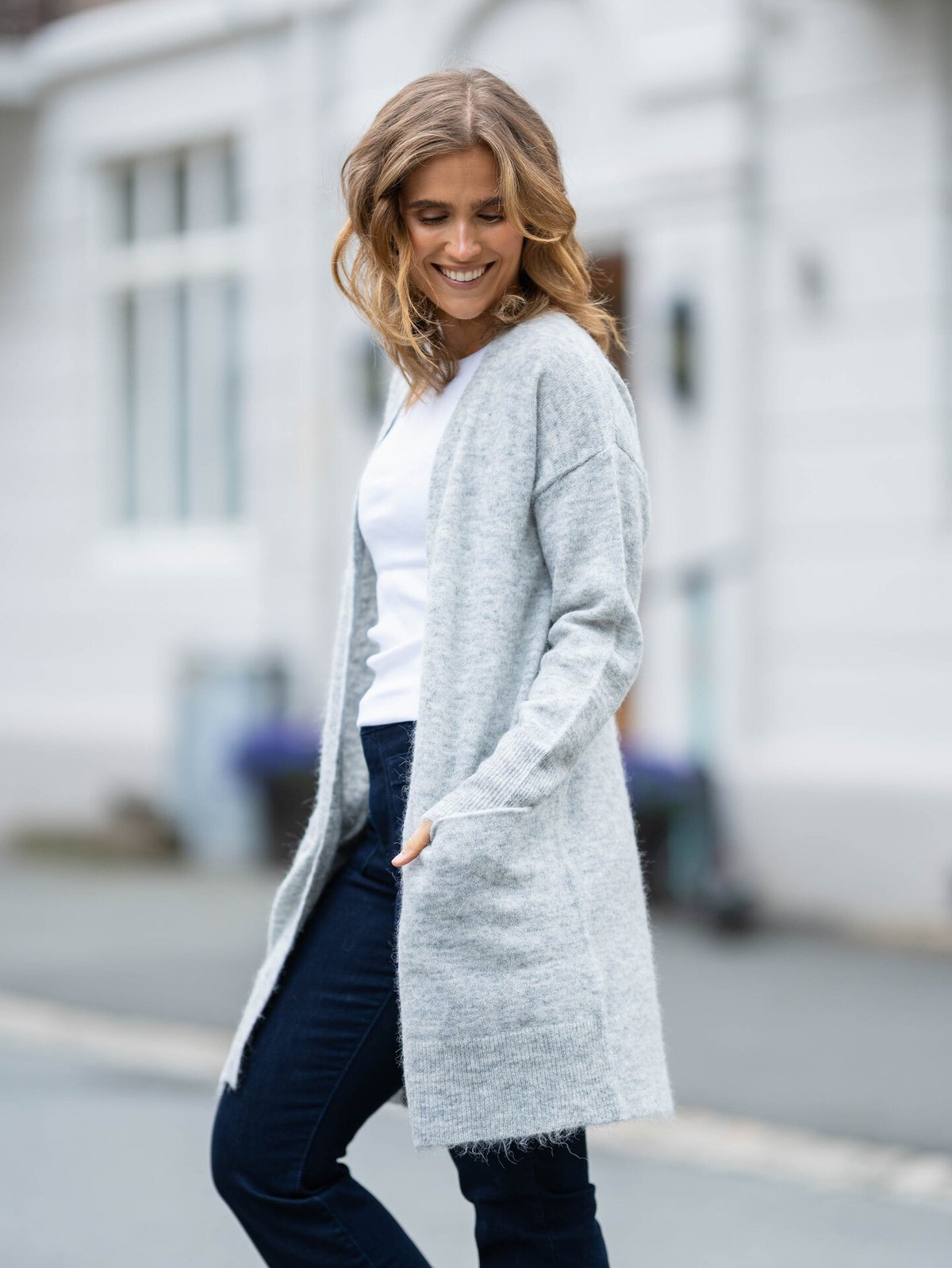 Selected Femme Lulu New Long Sleeve Knit Long Cardigan Light Grey Melange