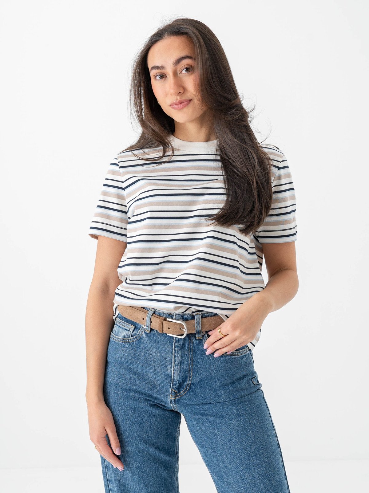 Selected Femme Essential Short Sleeve Striped Boxy Tee Cashmere Blue Multi Stripes