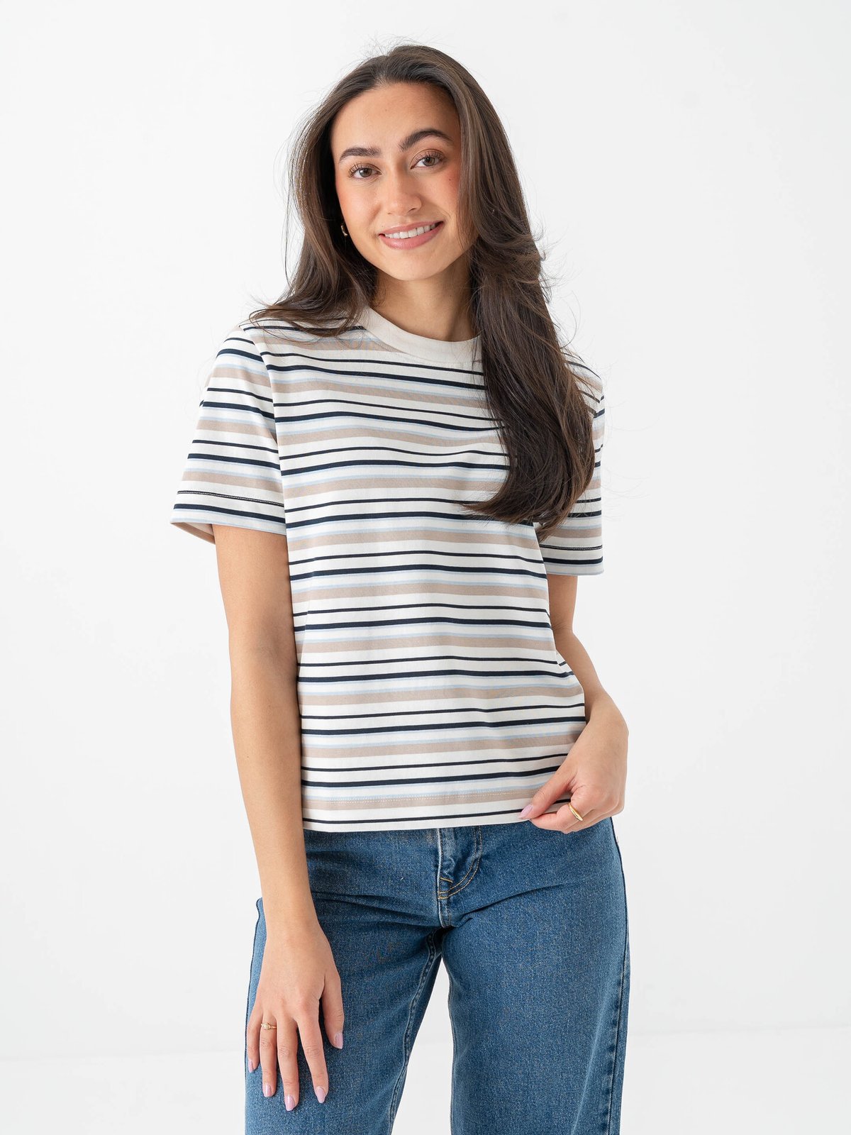 Selected Femme Essential Short Sleeve Striped Boxy Tee Cashmere Blue Multi Stripes