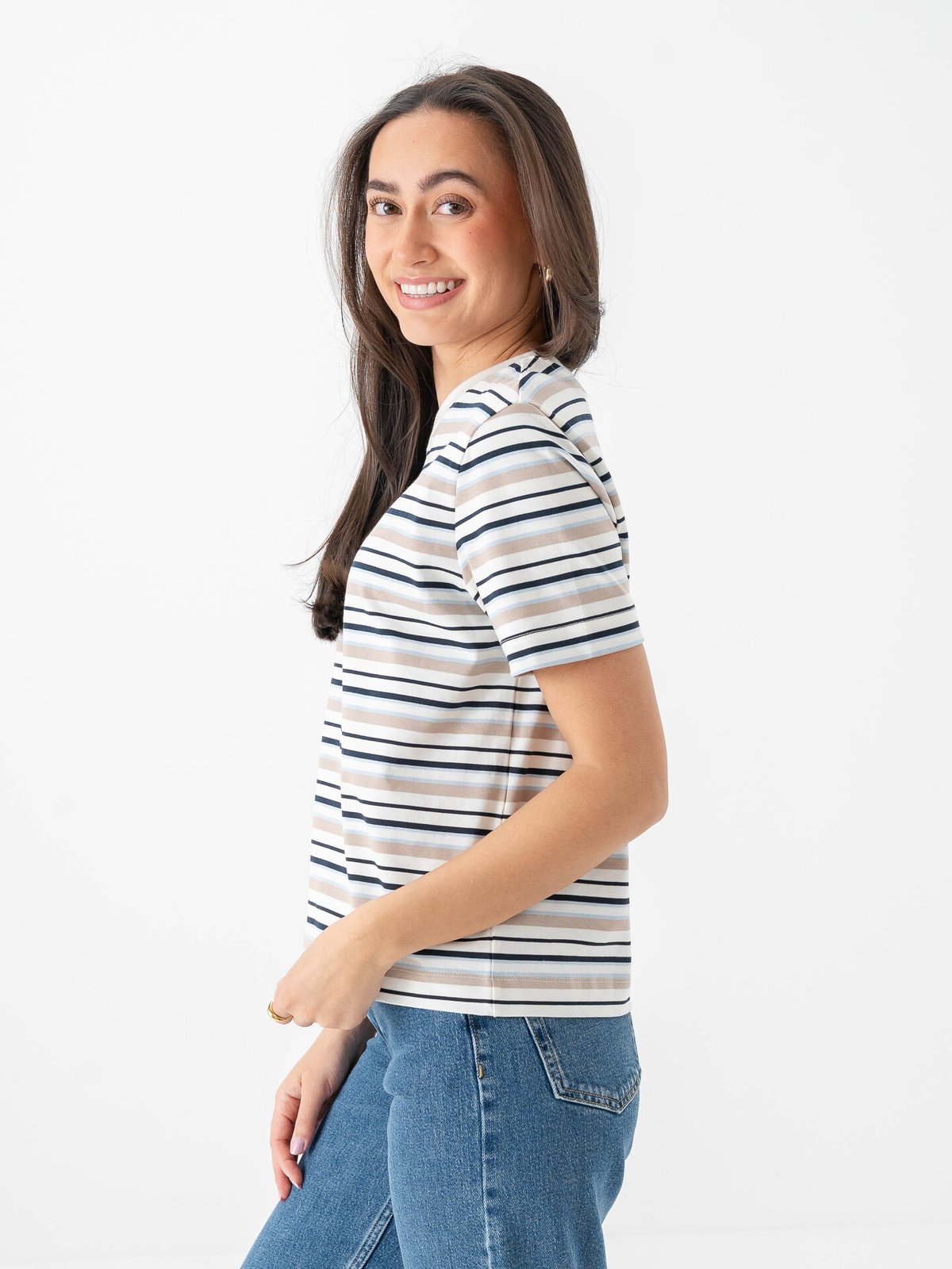 Selected Femme Essential Short Sleeve Striped Boxy Tee Cashmere Blue Multi Stripes