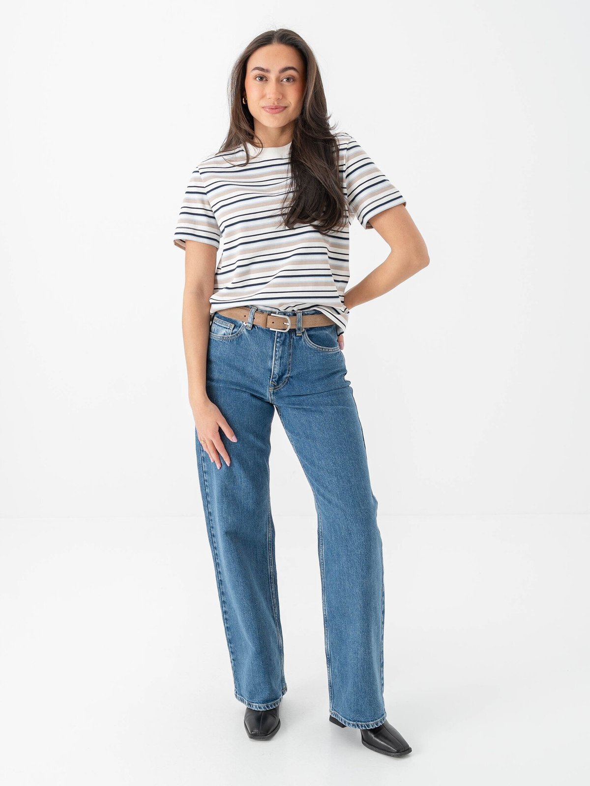 Selected Femme Essential Short Sleeve Striped Boxy Tee Cashmere Blue Multi Stripes