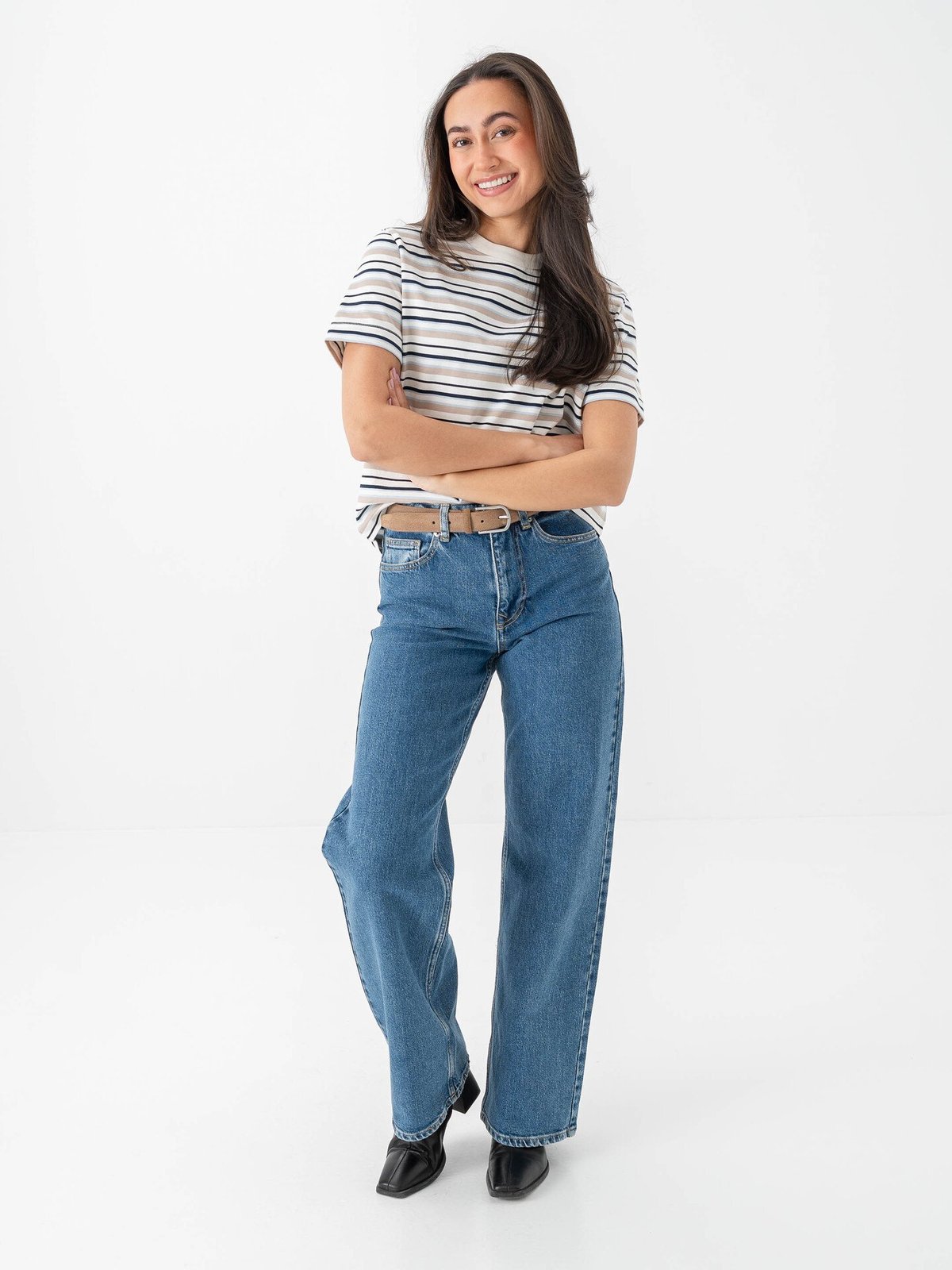 Selected Femme Essential Short Sleeve Striped Boxy Tee Cashmere Blue Multi Stripes