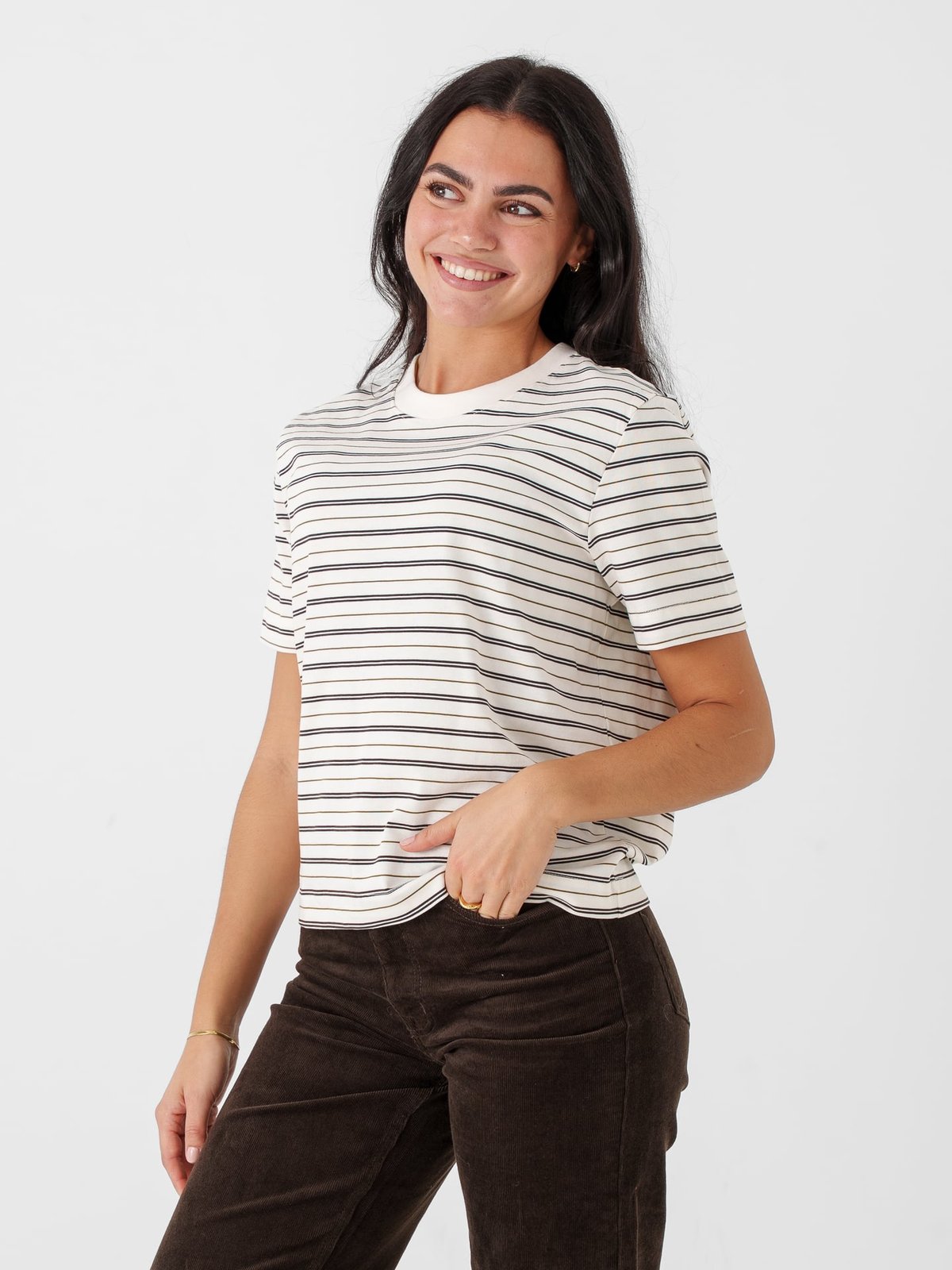 Selected Femme Essential Short Sleeve Striped Boxy Tee Brun
