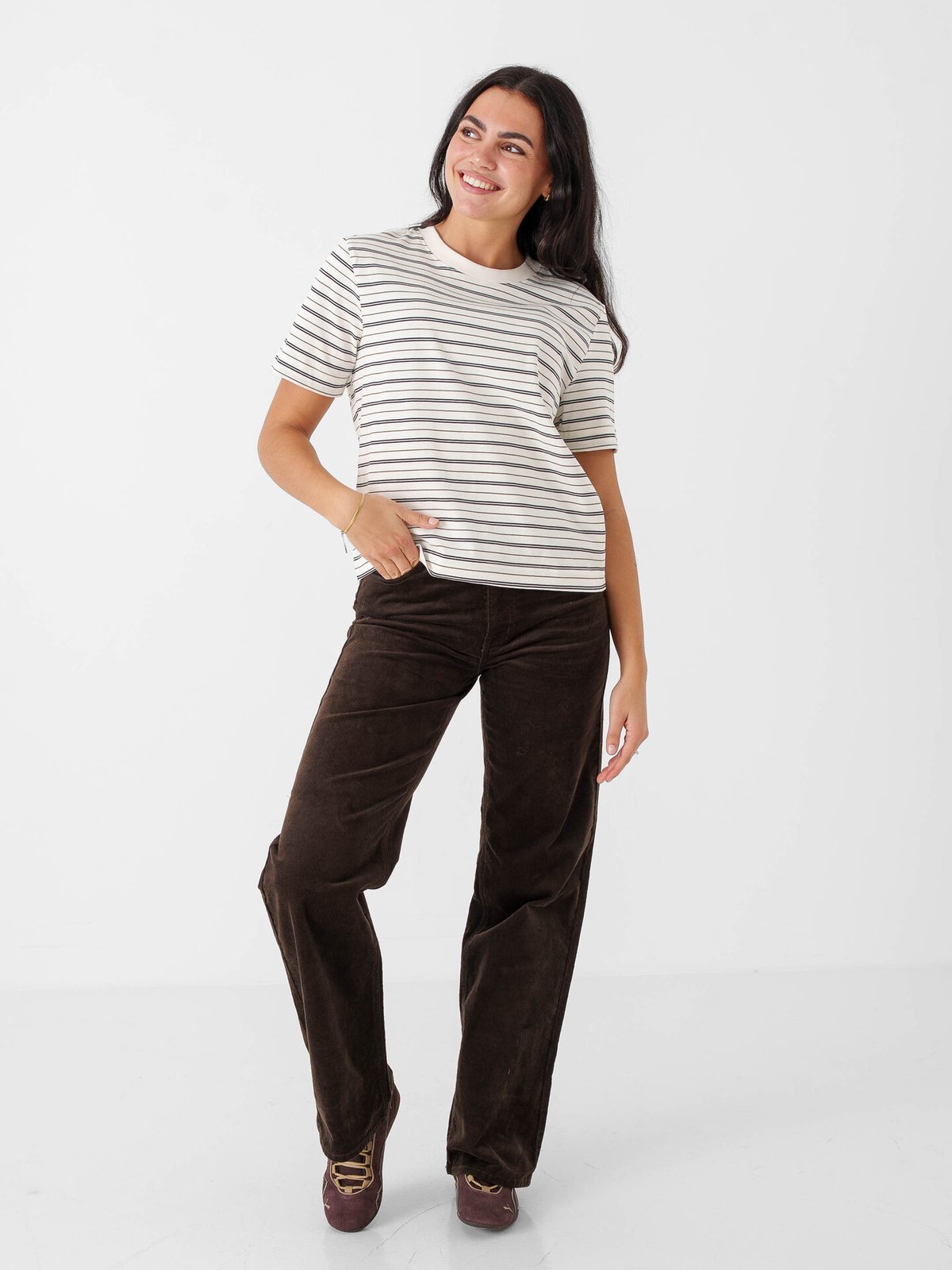 Selected Femme Essential Short Sleeve Striped Boxy Tee Brun