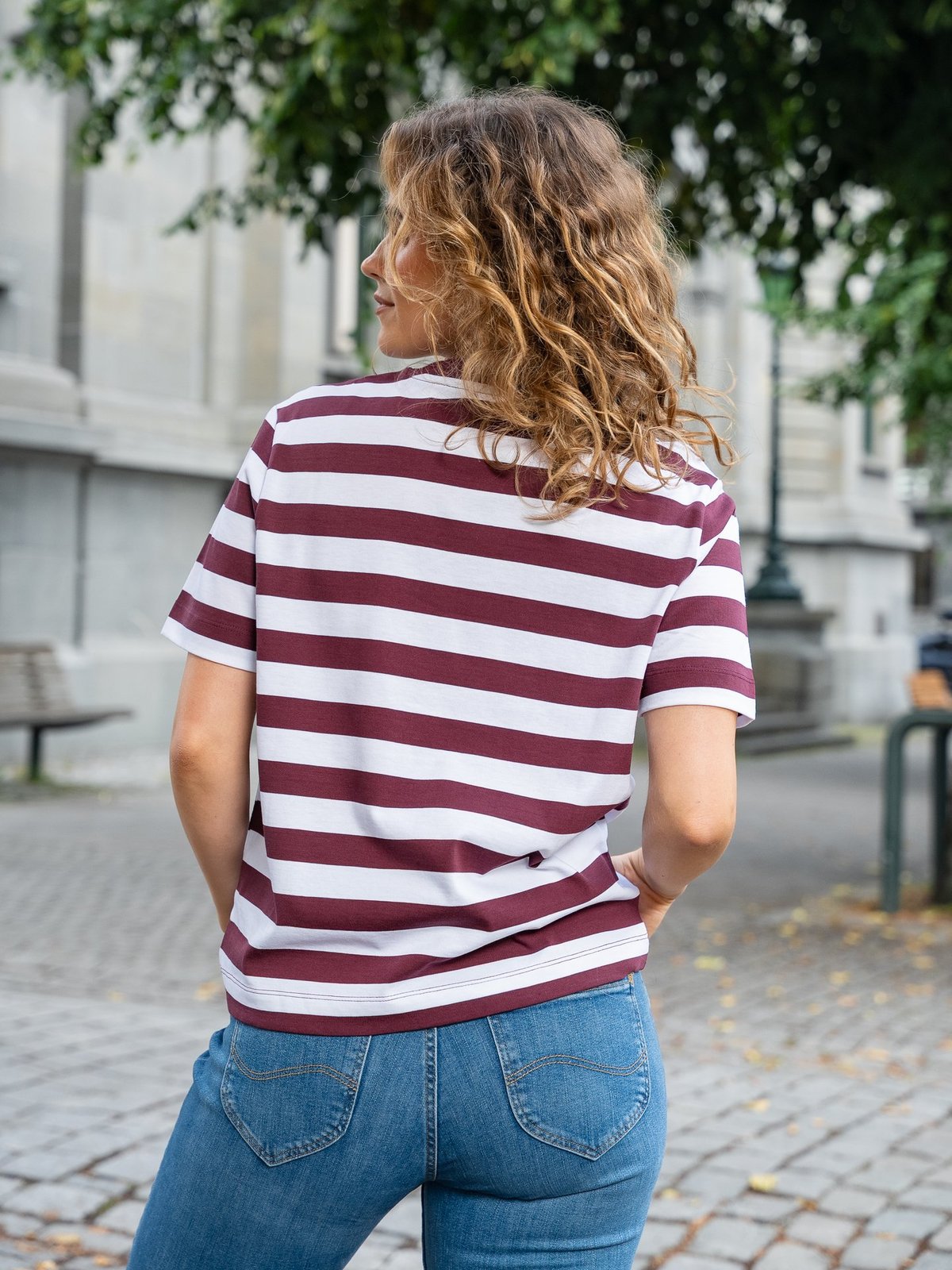 Selected Femme Essential Short Sleeve Striped Boxy Tee Fig BRIGHT WHITE - Wide